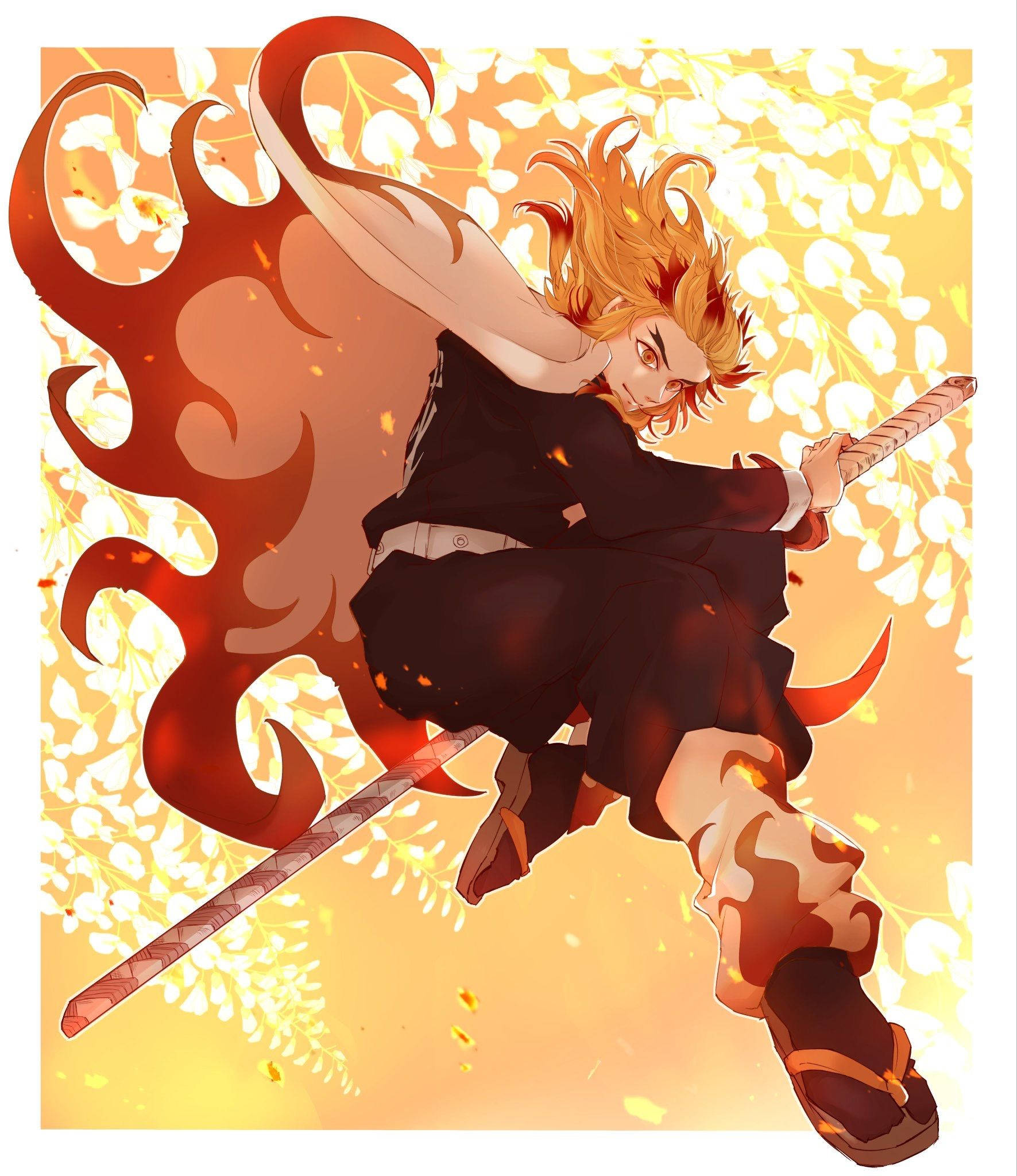 The fugitive warrior Kyojuro Rengoku strikes a fearless pose. Picha ya Ukuta