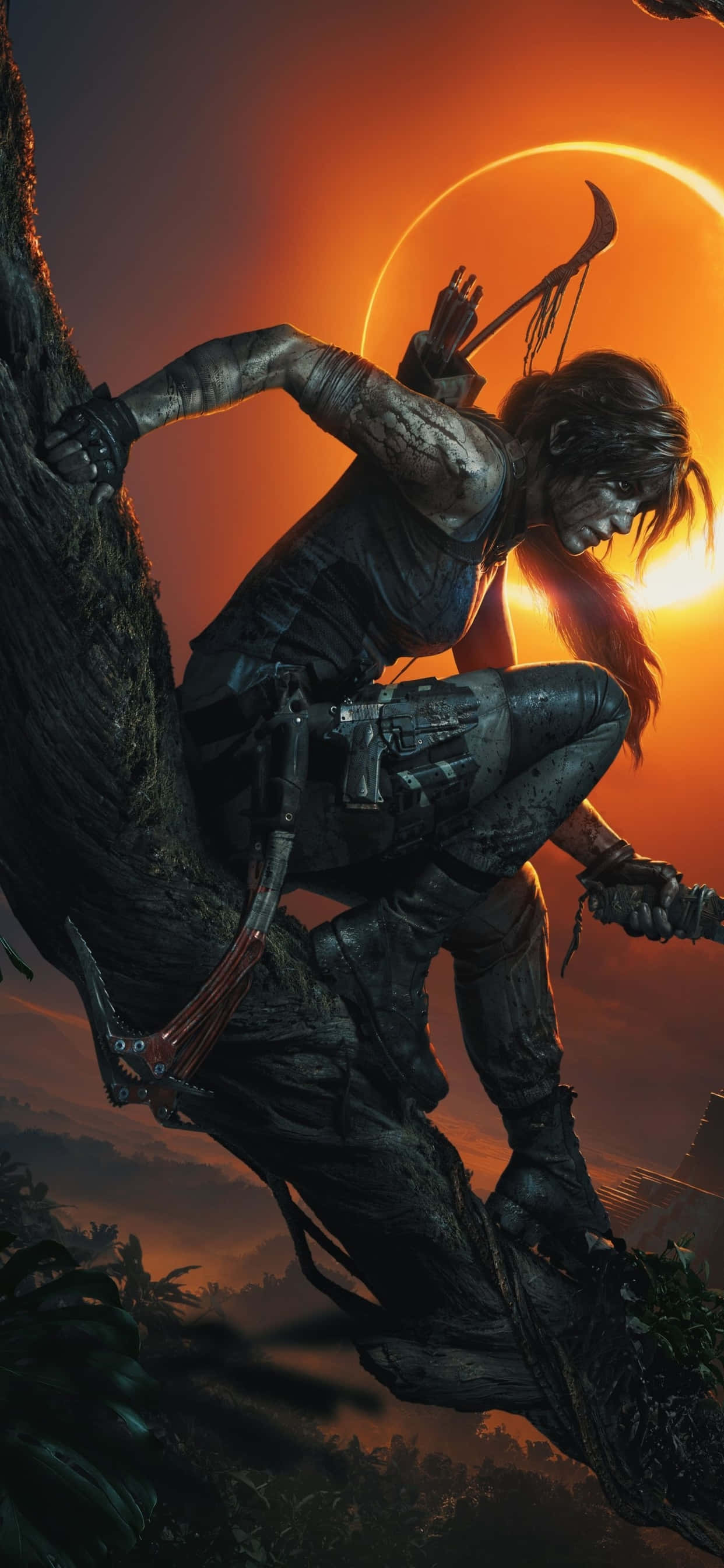 tomb raider anaishi katika msitu na mwanga nyuma yake Picha ya Ukuta
