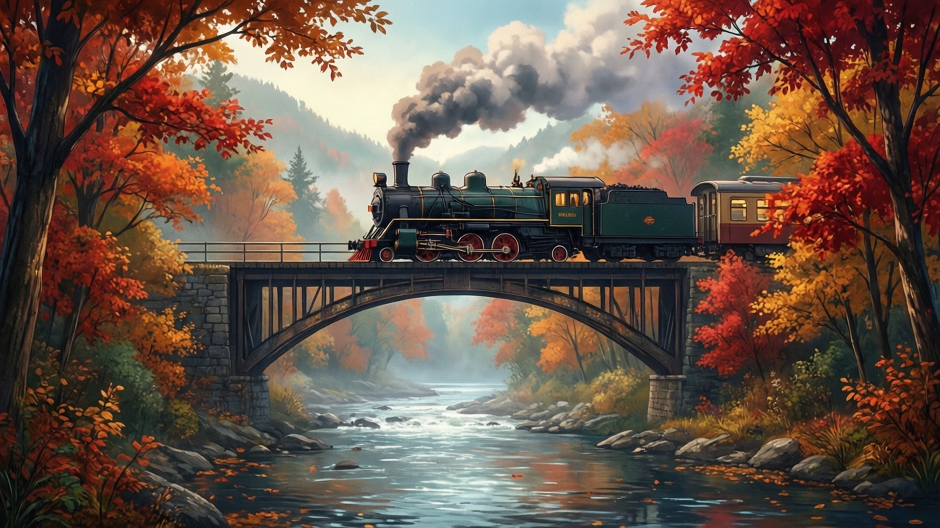 Treni ya Kuwa na Bridge ya Autumn Picha ya Ukuta