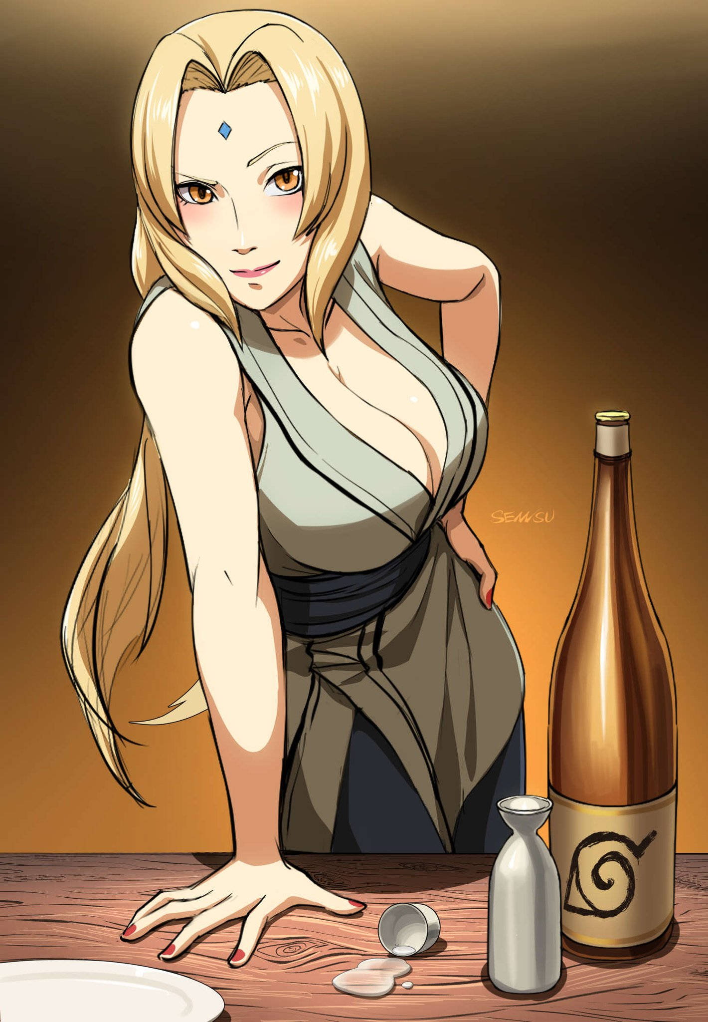 Tsunade Akiwa na Chupa ya Pombe Picha ya Ukuta