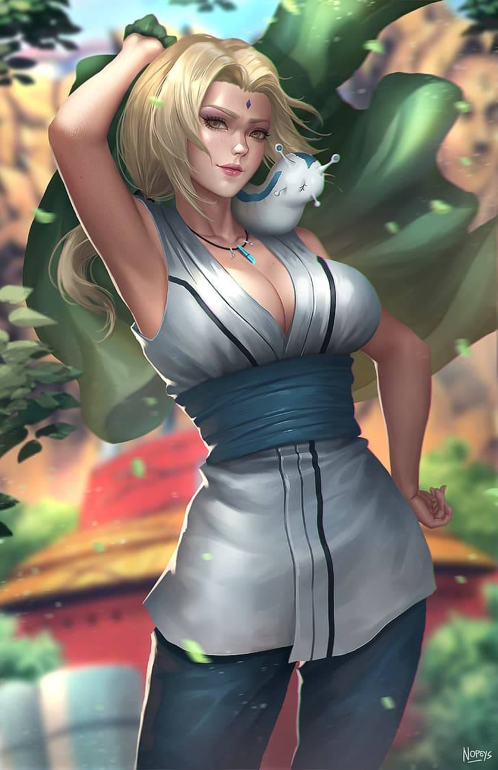 Tsunade Akiwa Nje Akipiga Picha na Katsuyu Picha ya Ukuta