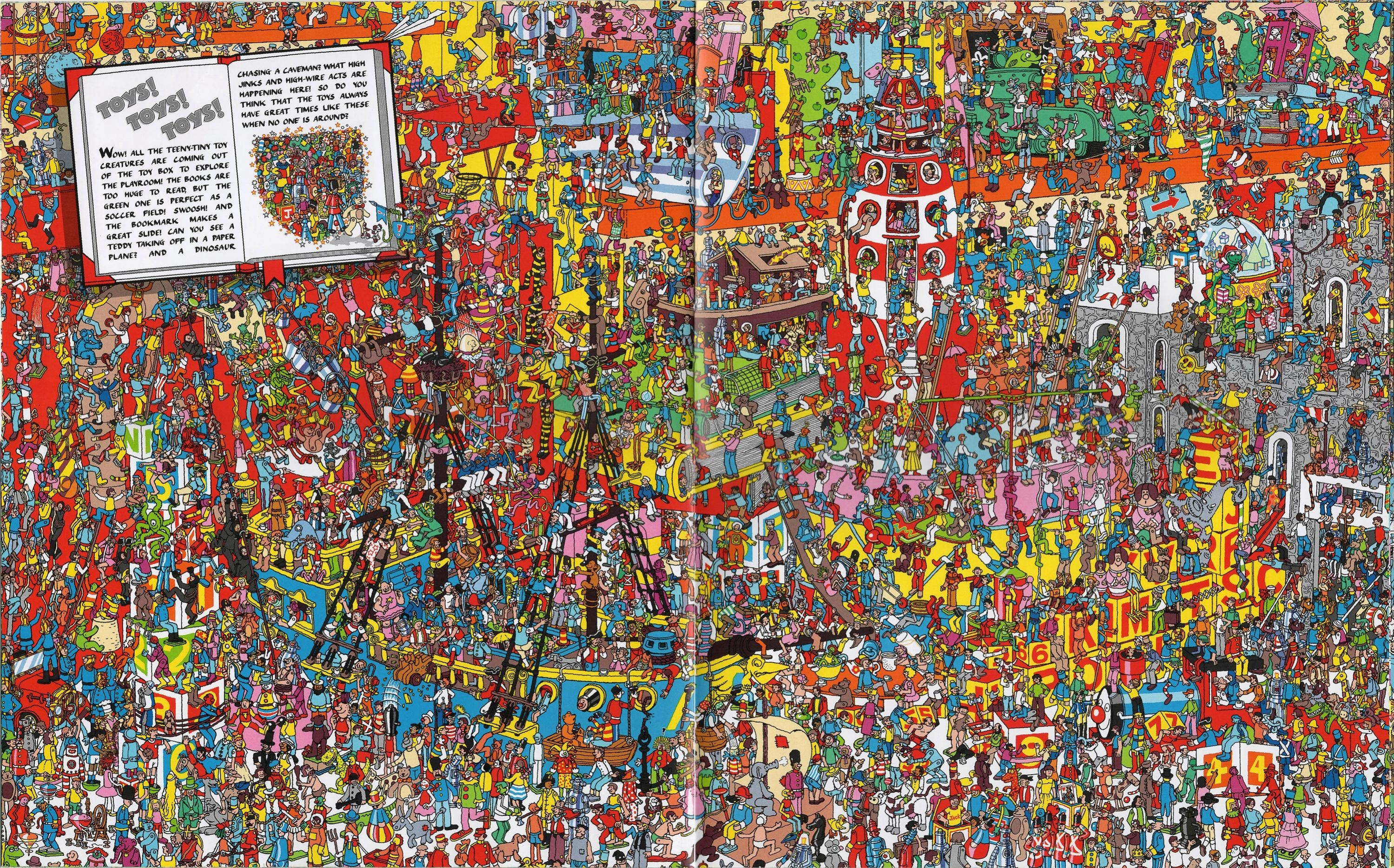 Tukio la kusisimua na la kuvutia kutoka kwa Where's Waldo lenye viumbe vidogo vya kuchezea, likianzisha safari ya kuvutia ya kutafuta. Picha ya Ukuta