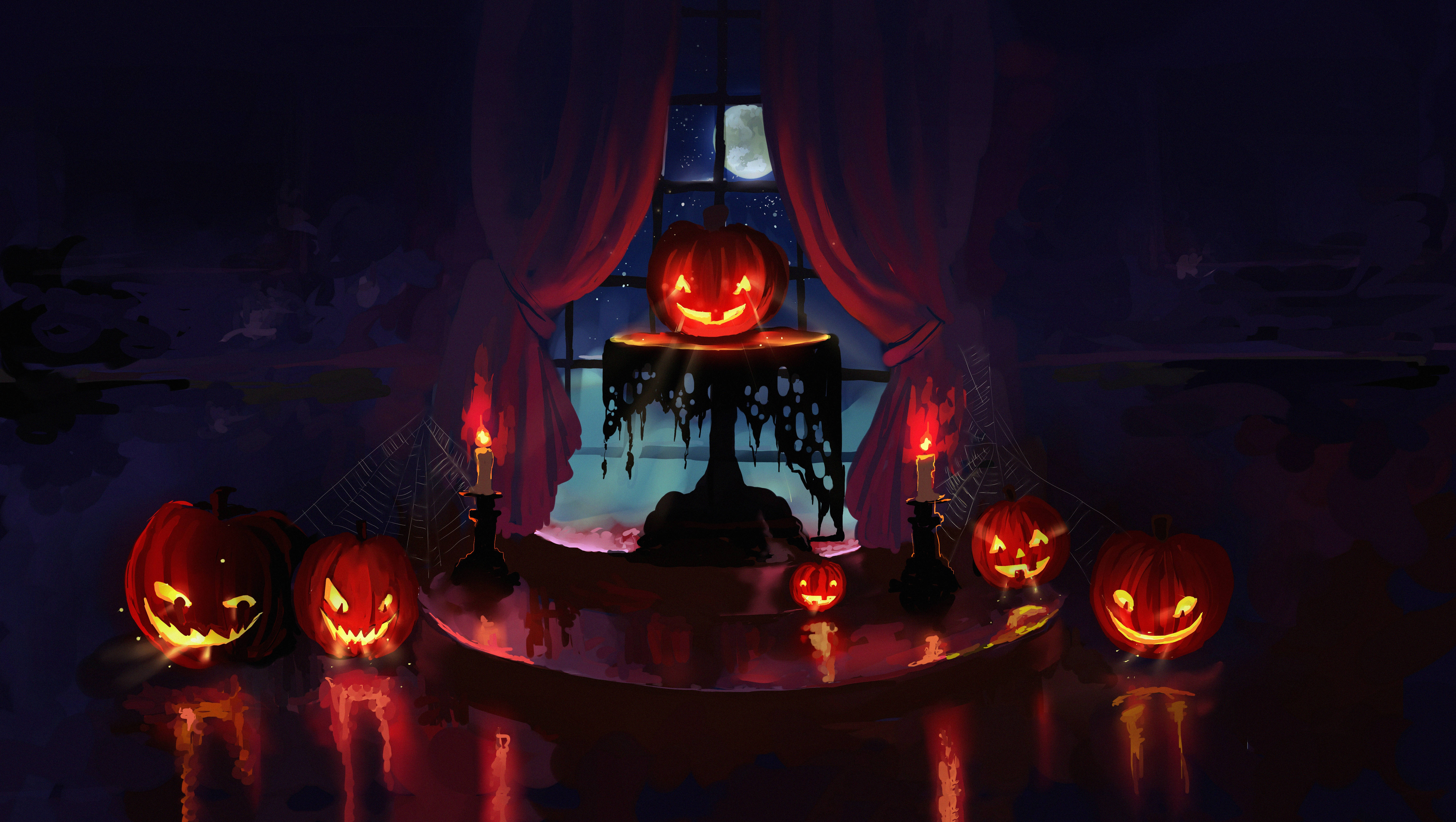 Tukio la Kutisha la Halloween lenye Maboga na Mishumaa Picha ya Ukuta