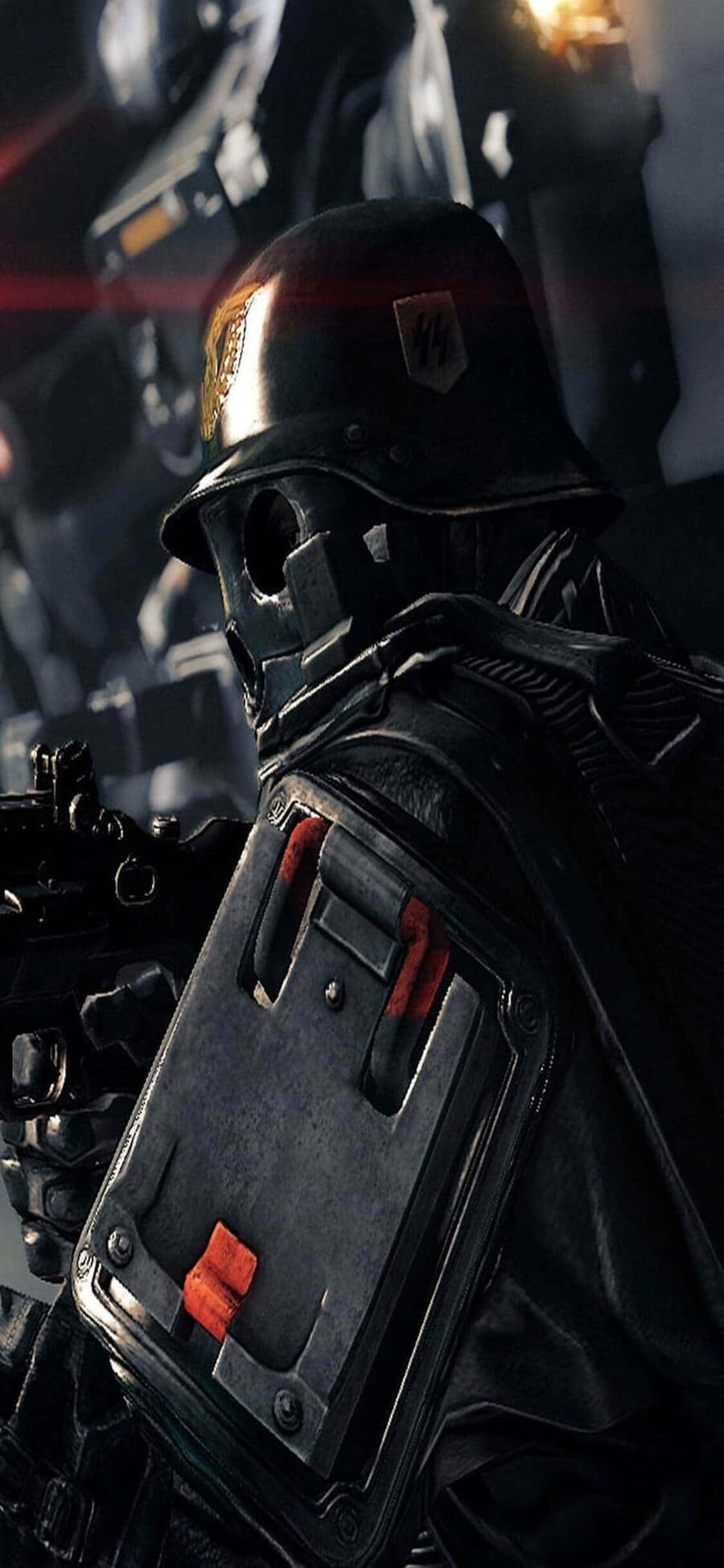 Tumia ndani ya dunia ya Wolfenstein II kwenye iPhone Xs yako mpya! Picha ya Ukuta
