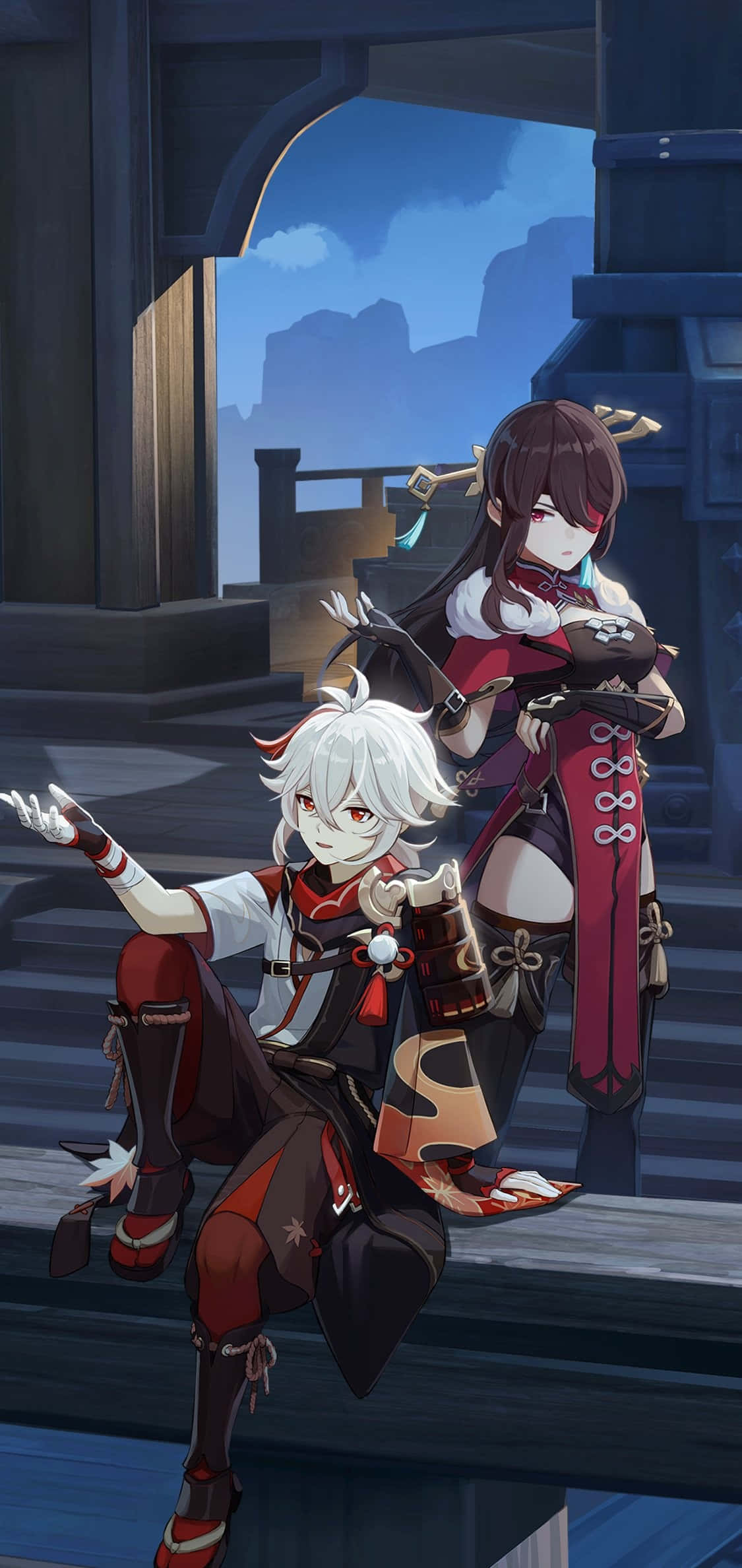 two anime characters sitting on a ledge Picha ya Ukuta