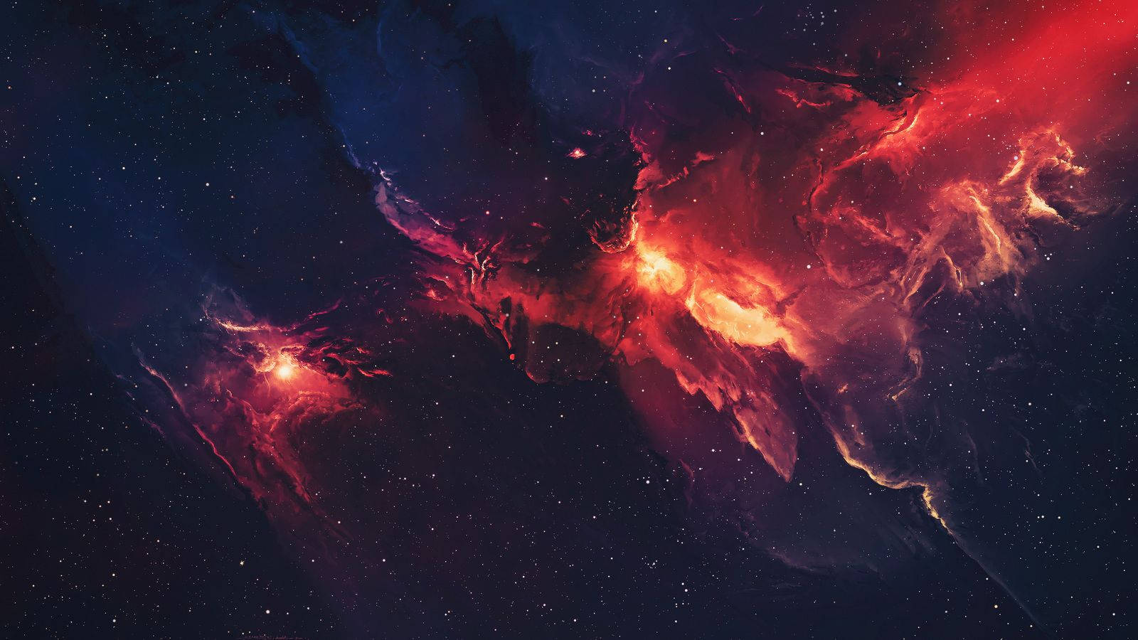 Two brilliant explosions of glowing red billow out into a spiral galaxy of stars. Picha ya Ukuta