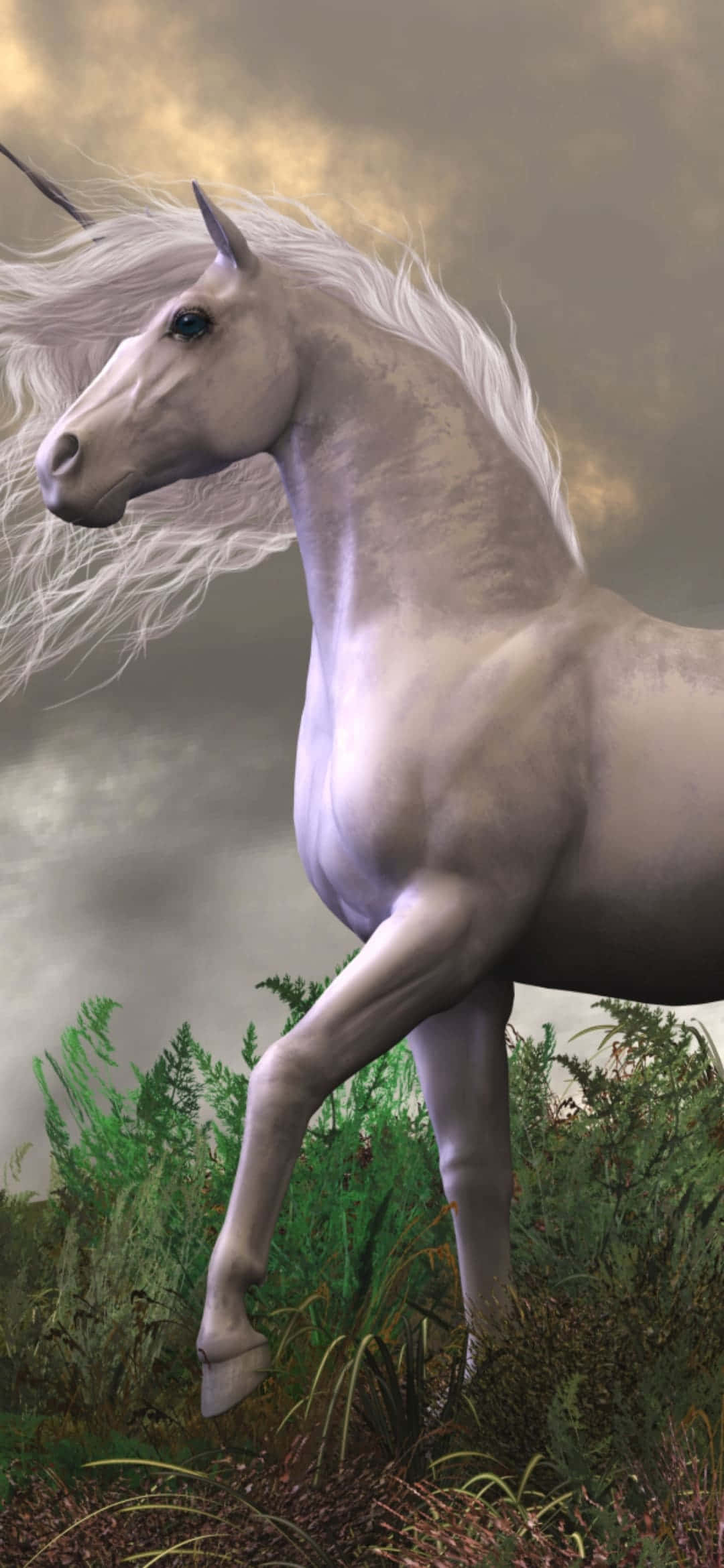 Unicorn na Nywele Nyeupe Zilizofurika Picha ya Ukuta