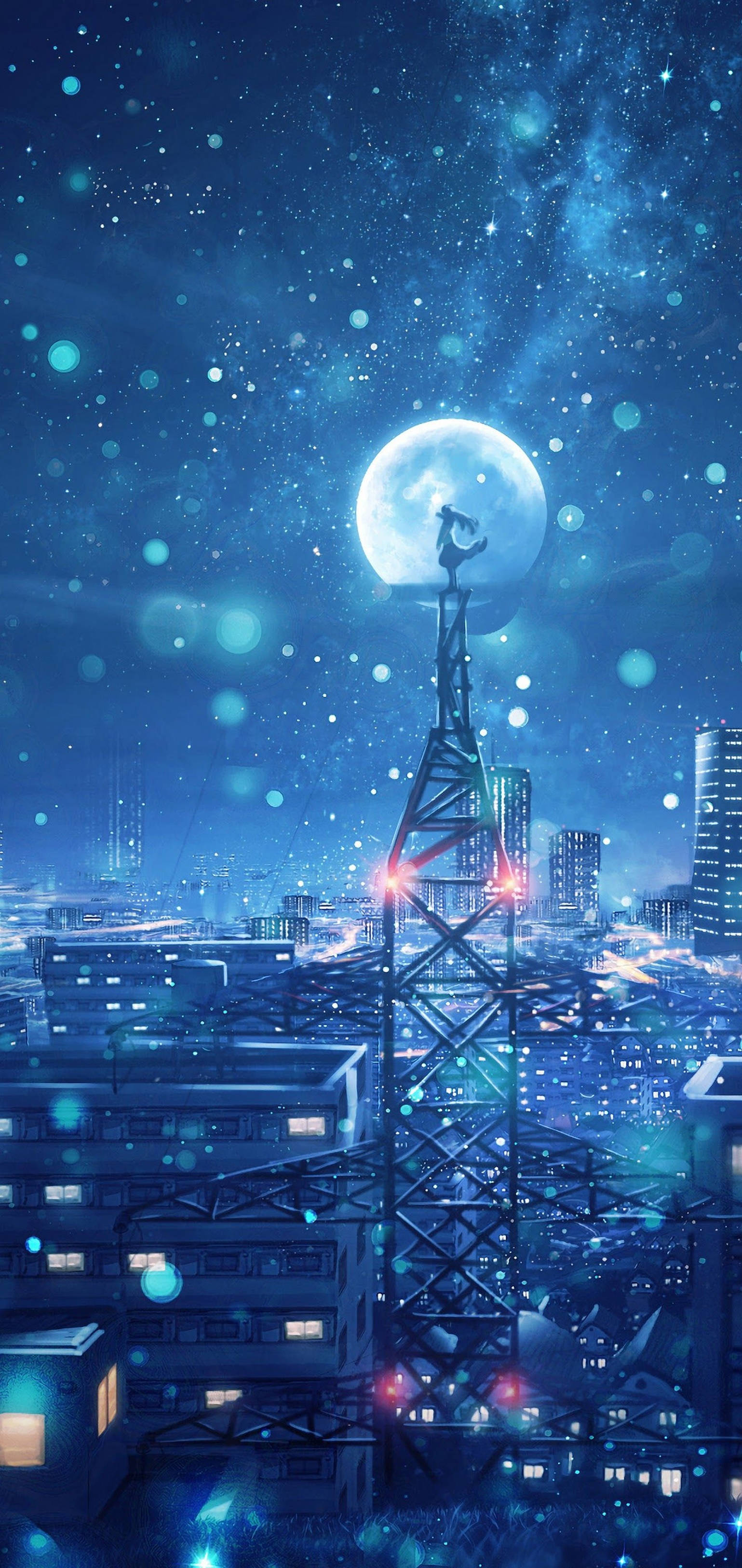 Usiku wa Mwezi wa Kichawi wa Anime 4K kwa iPhone Picha ya Ukuta