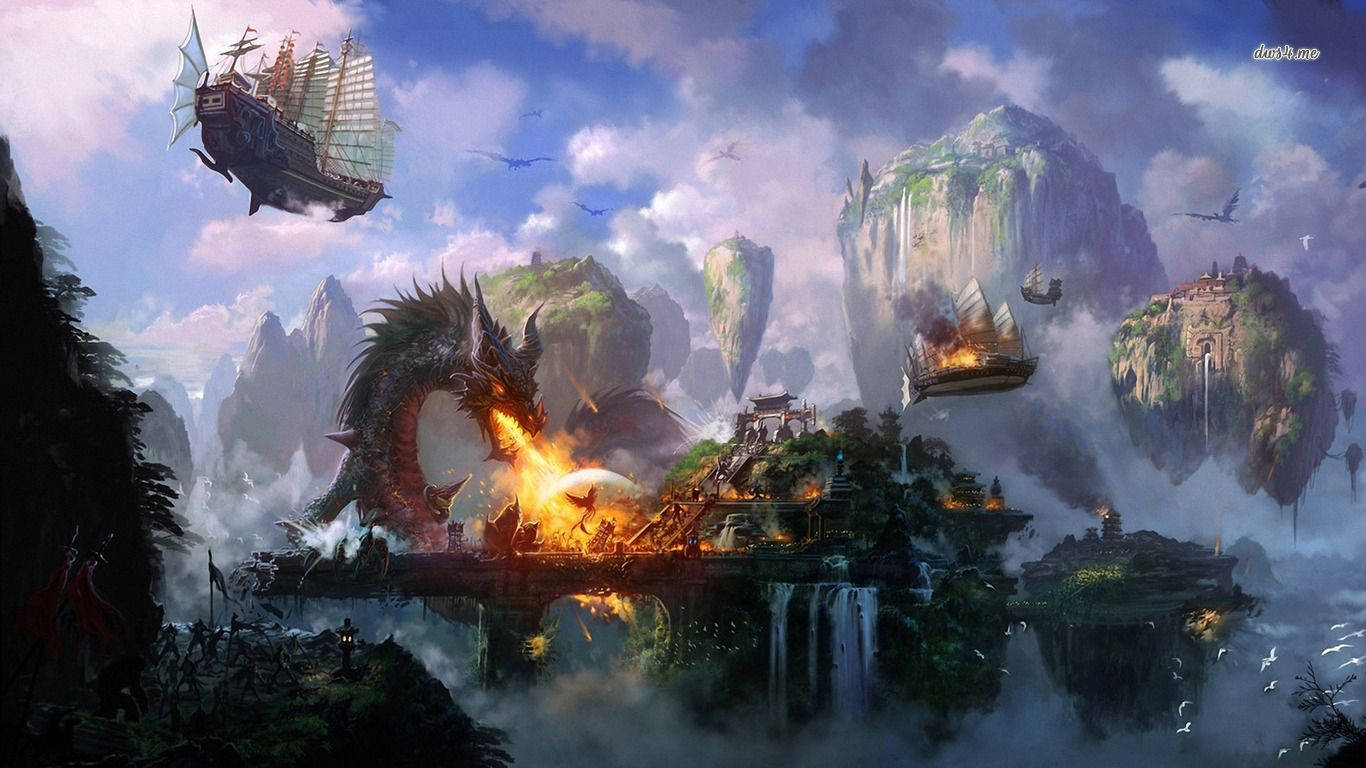 Uzuri wa Visiwa vya Dragon-Fire Floating, kama inavyotazamwa kutoka juu Picha ya Ukuta