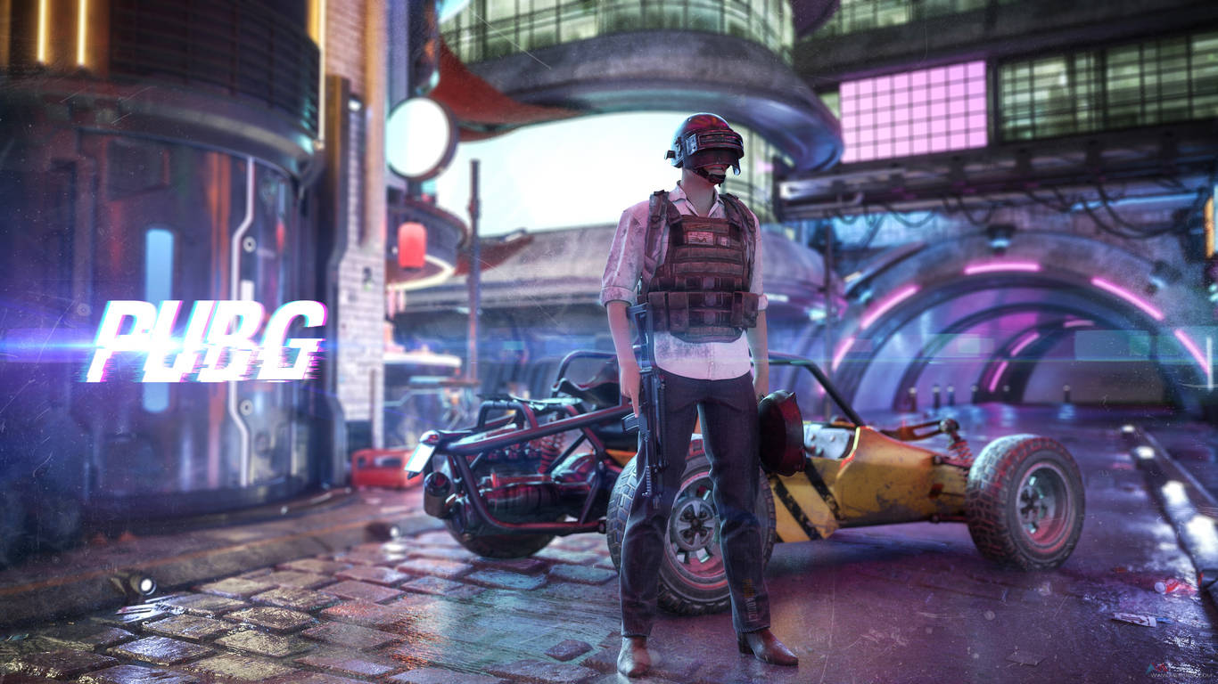 Victor Katika Jiji la Neon PUBG 1366x768 Picha ya Ukuta