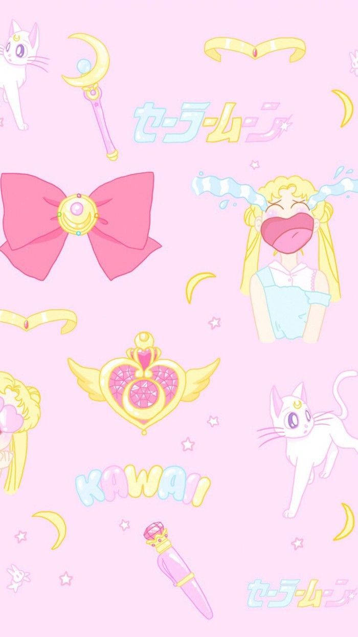 Vipengele vya Sailor Moon kwenye Mandharinyuma ya Pinki ya Kawaii Picha ya Ukuta