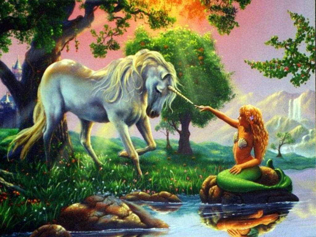 Viumbe wawili wa kichawi wa hadithi, mermaid na nyati, wanaungana katika msitu wa kichawi. Picha ya Ukuta