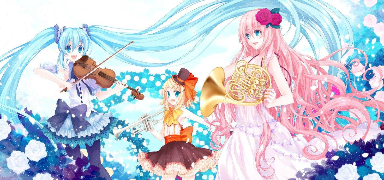 Vocaloids za Anime za Kawaii Zikiwa na Vyombo vya Muziki Picha ya Ukuta
