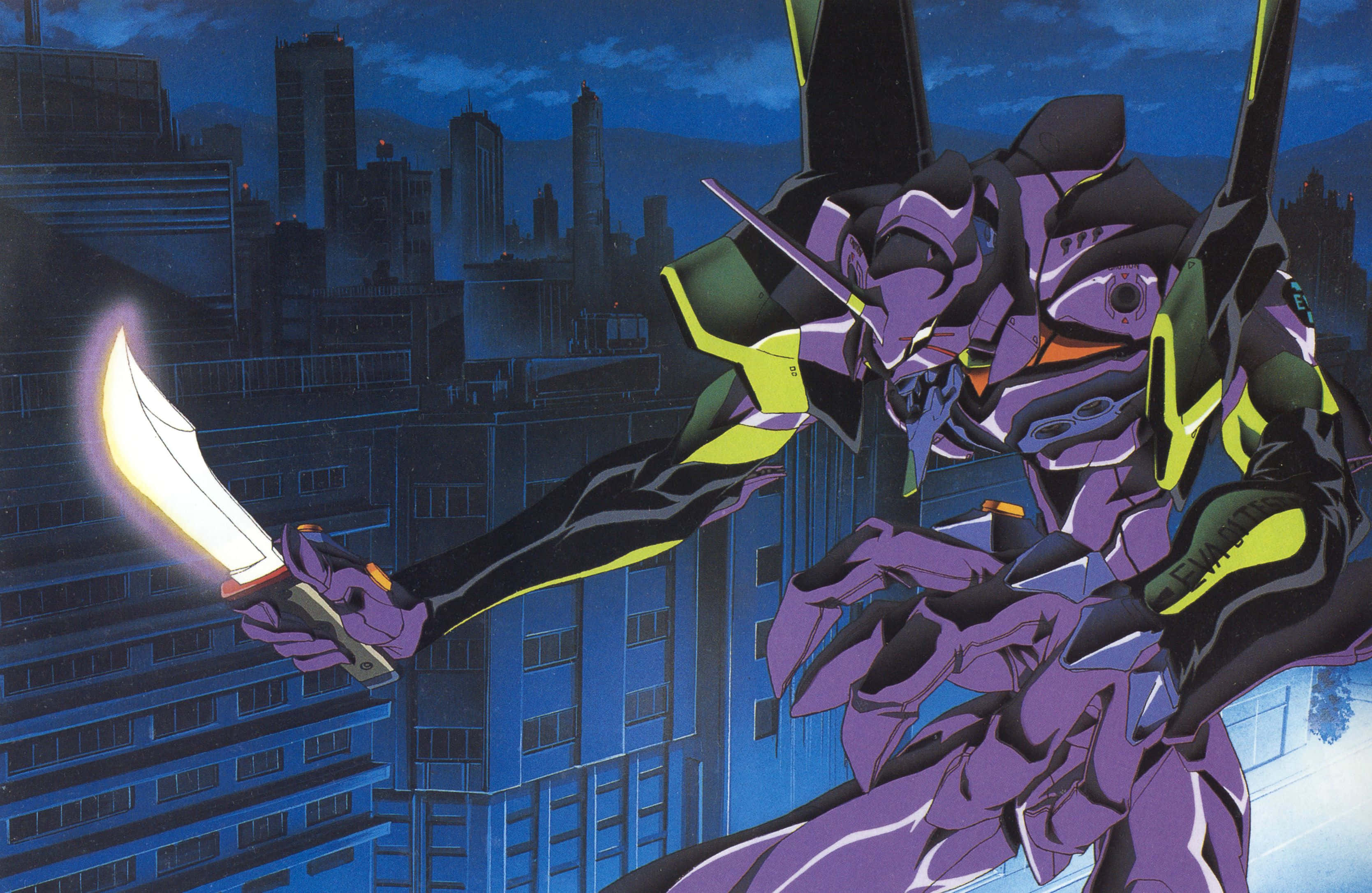 Wafanyakazi wa NERV wanailinda Tokyo-3 dhidi ya wavamizi katika Neon Genesis Evangelion. Picha ya Ukuta