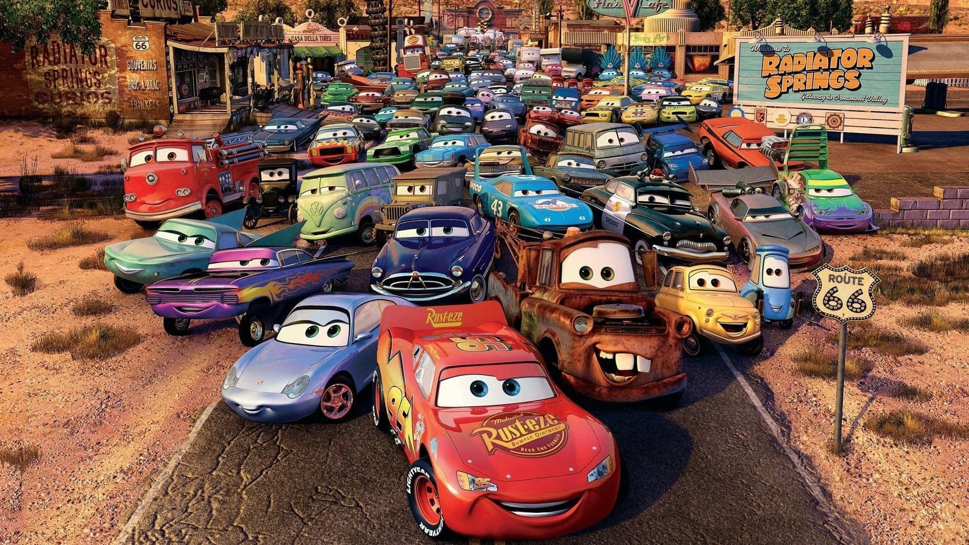 Wahusika wa Katuni wa Disney Movie Cars Katika Radiator Springs Picha ya Ukuta