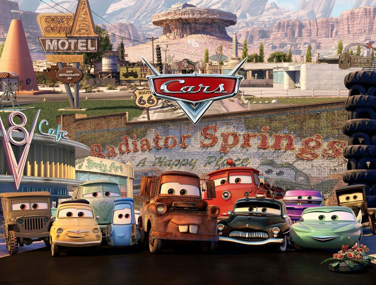 Wahusika wa Katuni wa Gari Katika Radiator Springs Picha ya Ukuta