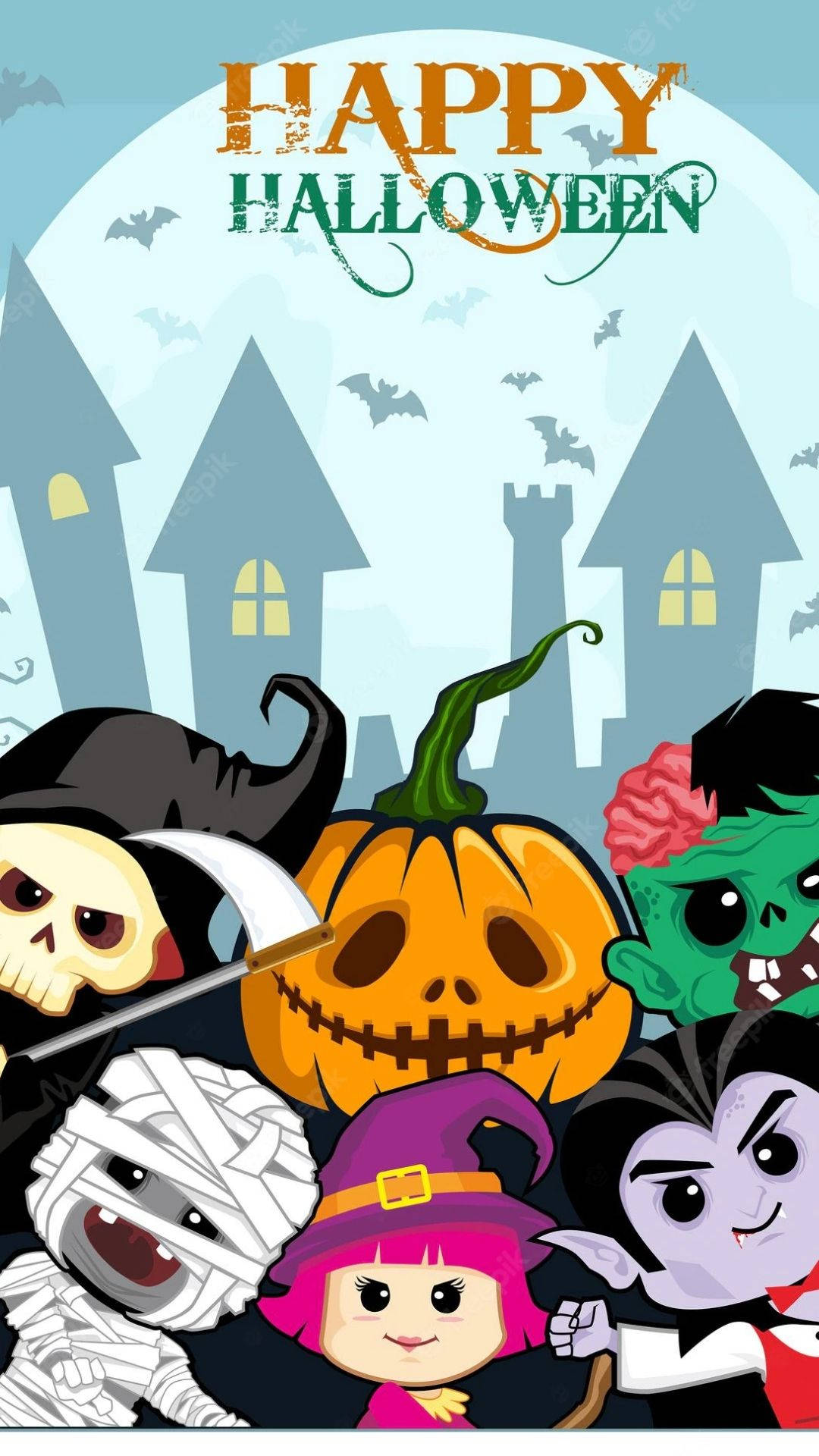 Wahusika wa Katuni Wakichungulia Siri za Halloween Picha ya Ukuta