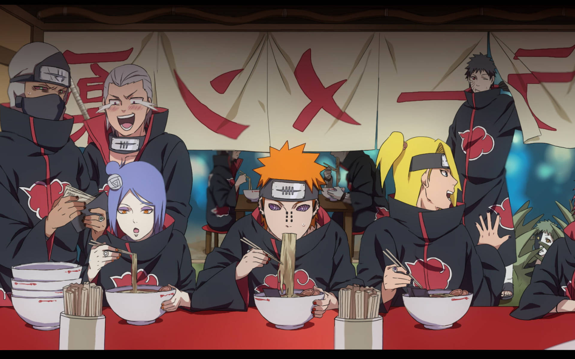 Wahusika wa Naruto Akatsuki Katika Nyumba ya Ramen Picha ya Ukuta