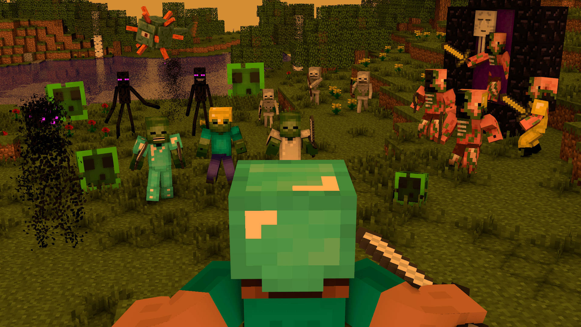 Wahusika Wabaya Wawili Wanapigana Minecraft Picha ya Ukuta