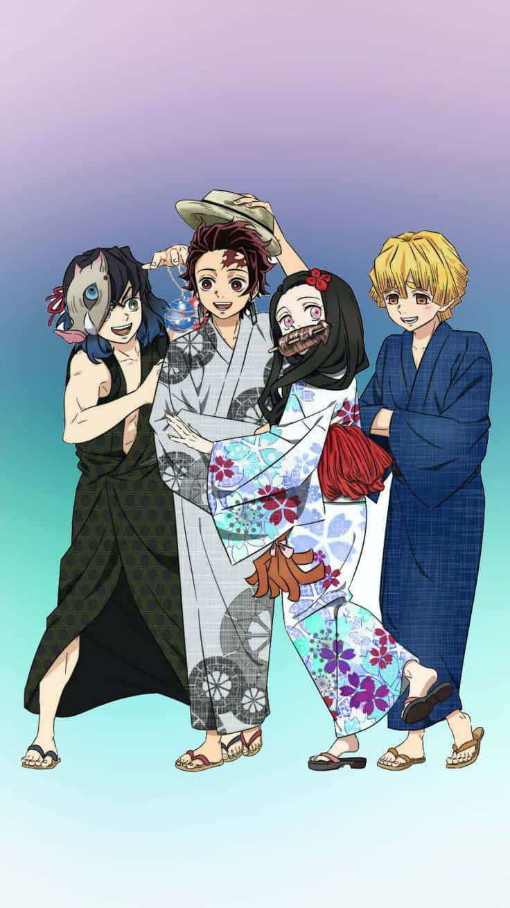 Wahusika Wazuri wa Demon Slayer Inosuke Tanjiro Nezuko na Zenitsu Picha ya Ukuta