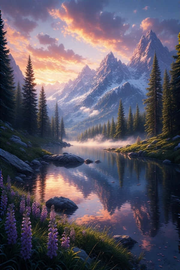 Wallpaper ya Anime ya Msitu wa Kuvutia Wakati wa Jua la Dhahabu Picha ya Ukuta