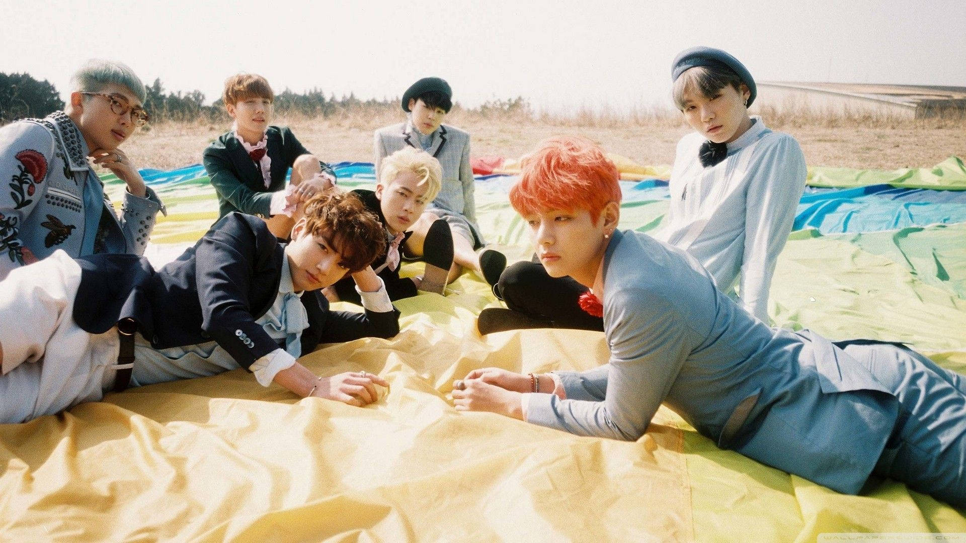 Wanachama wa BTS Wamelala Shambani Kwenye Laptop Picha ya Ukuta