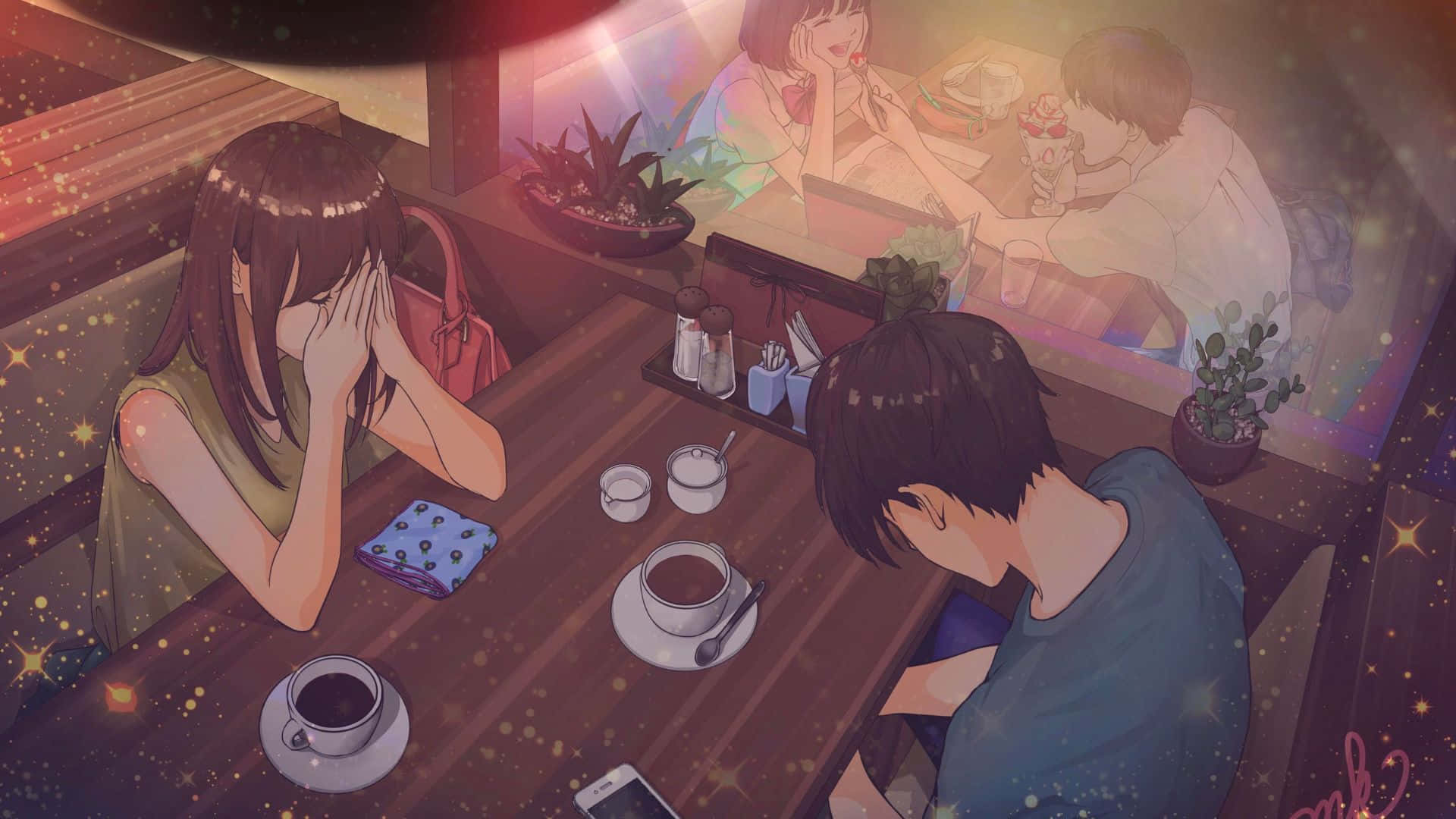 Wanafunzi wa Anime Katika Kafe Picha ya Ukuta