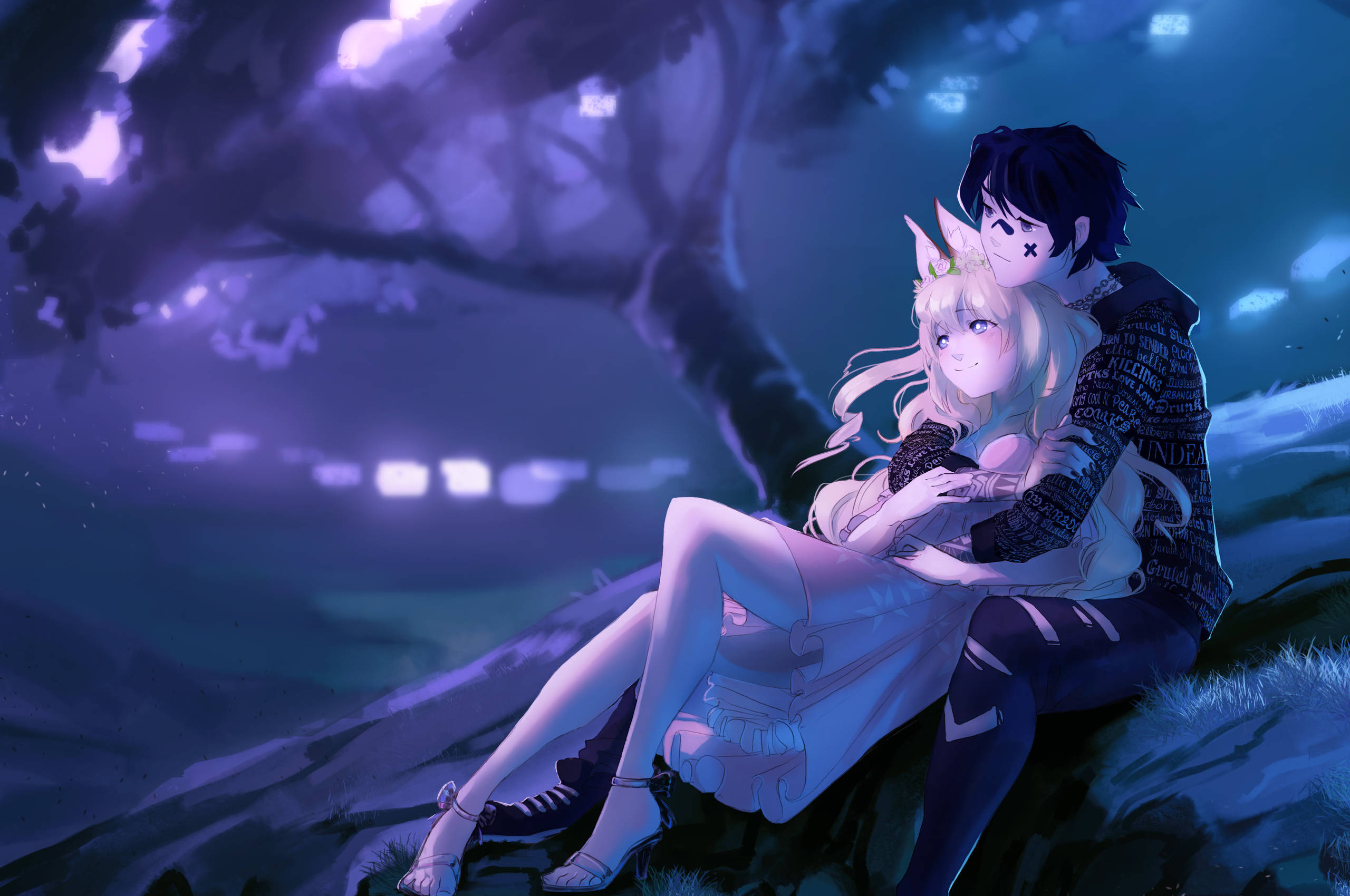 Wanandoa wa Anime Wakumbatiana Usiku Picha ya Ukuta