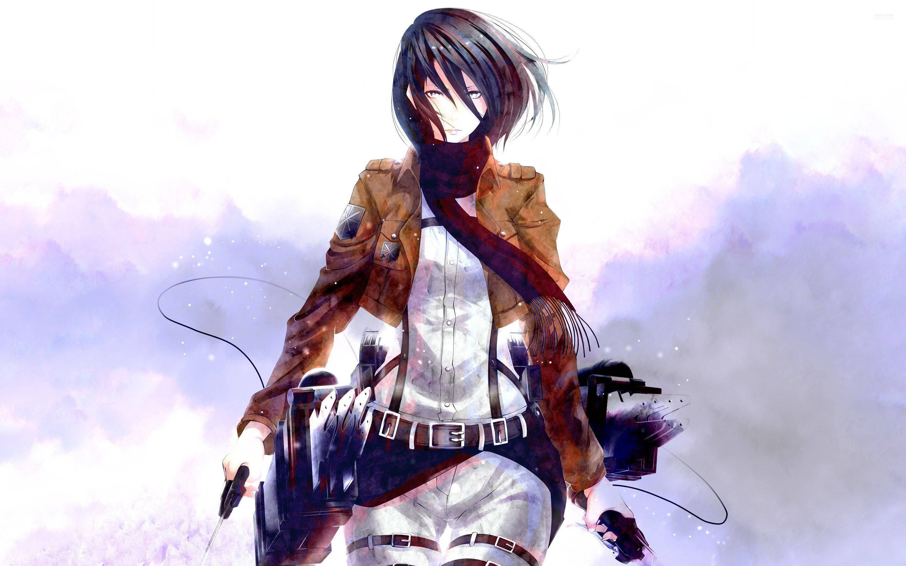 Wapelelezi wawili jasiri, Mikasa Ackerman na Eren Yeager, wanajiandaa kwa vita katika anime ya Attack On Titan. Picha ya Ukuta
