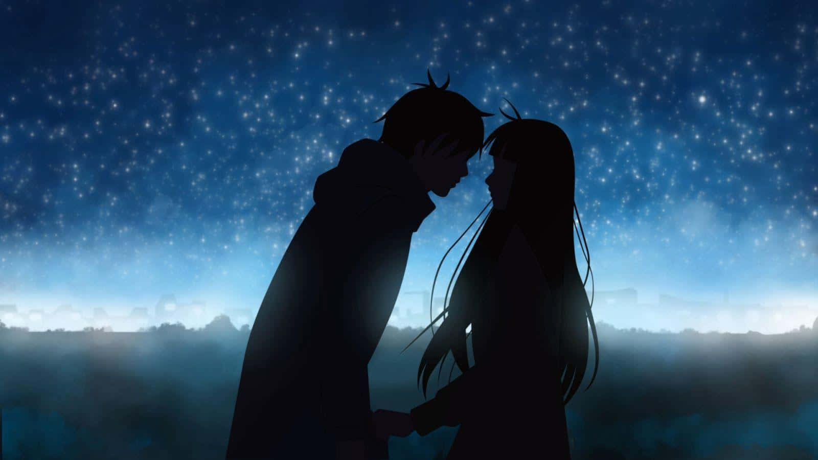 Wapenzi wa Anime wa Kimapenzi Picha ya Giza Angani ya Usiku ya Buluu Picha ya Ukuta