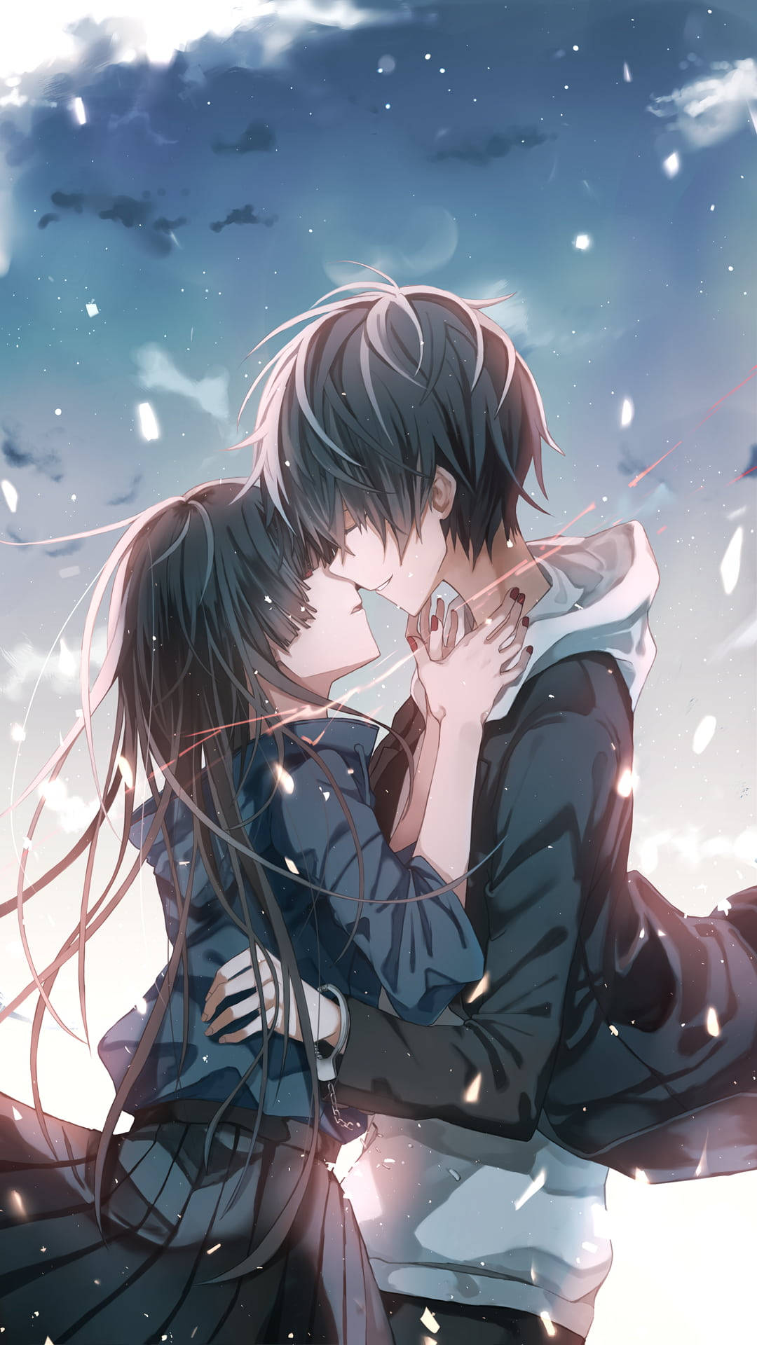 Wapenzi wa Anime Wakibusu Uzi Mwekundu Picha ya Ukuta