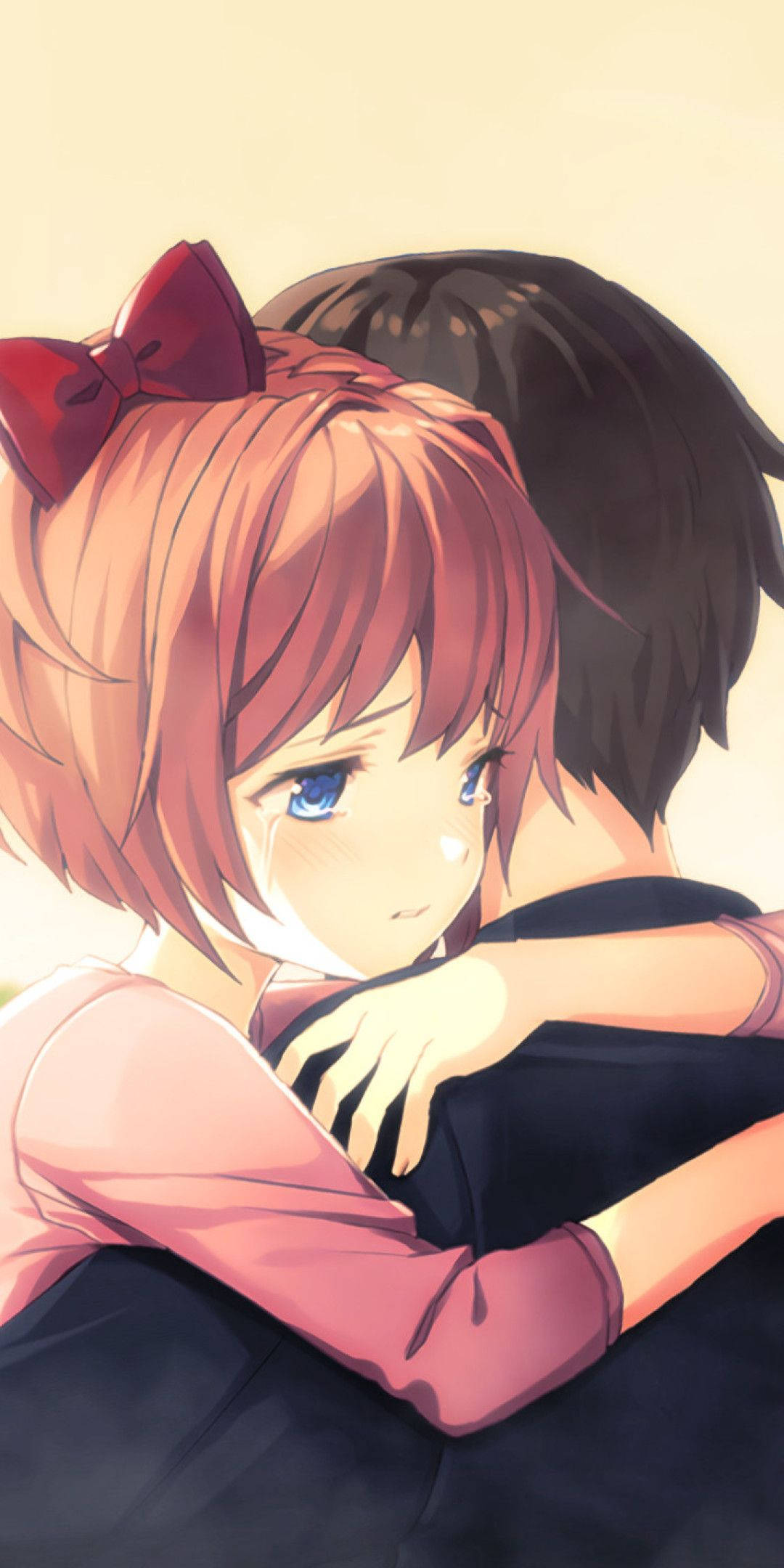 Wapenzi wa Anime Wakumbatiana Utepe Mwekundu Picha ya Ukuta