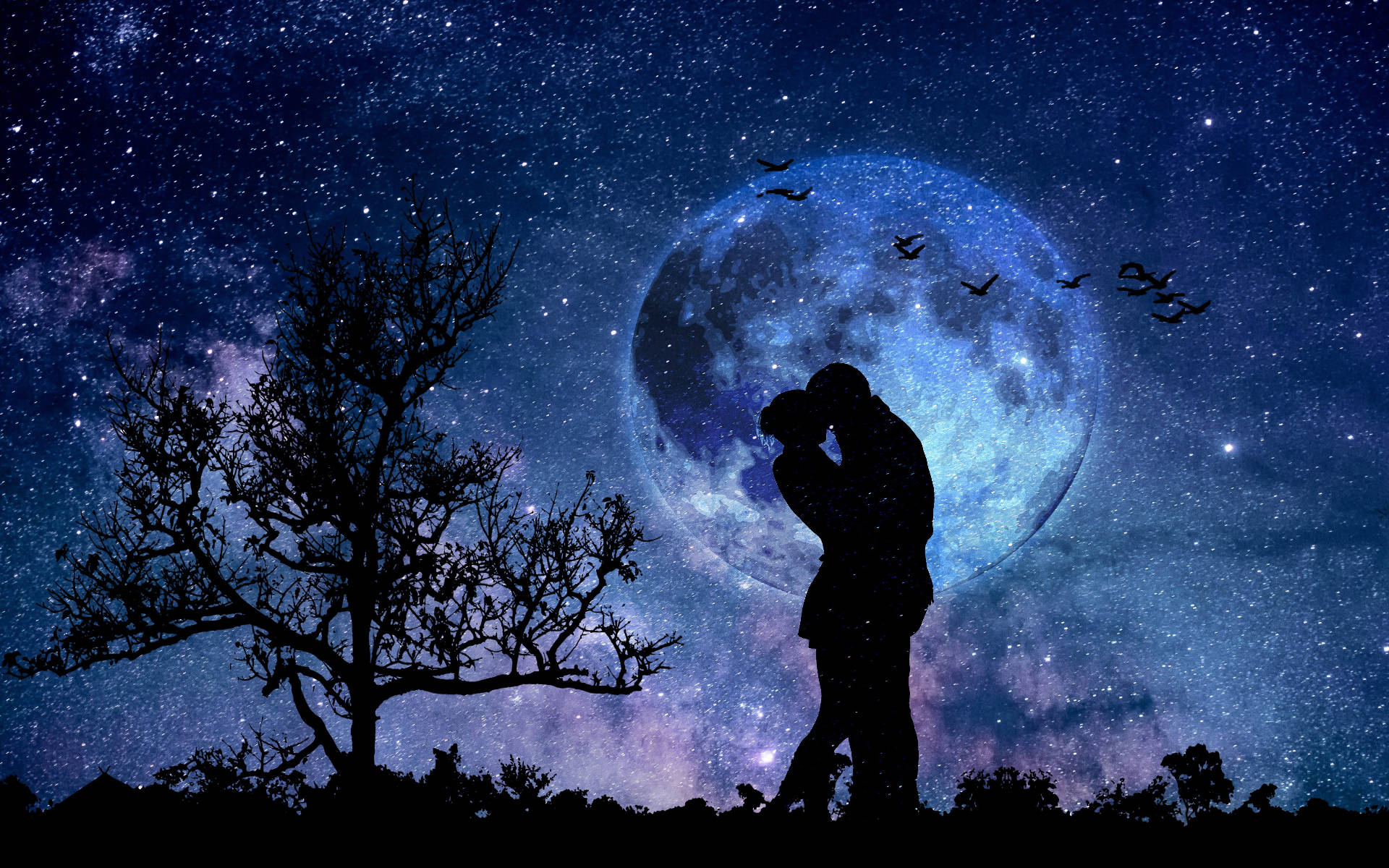 Wapenzi wa Silhouette Katika Mwezi wa Galaxy Picha ya Ukuta