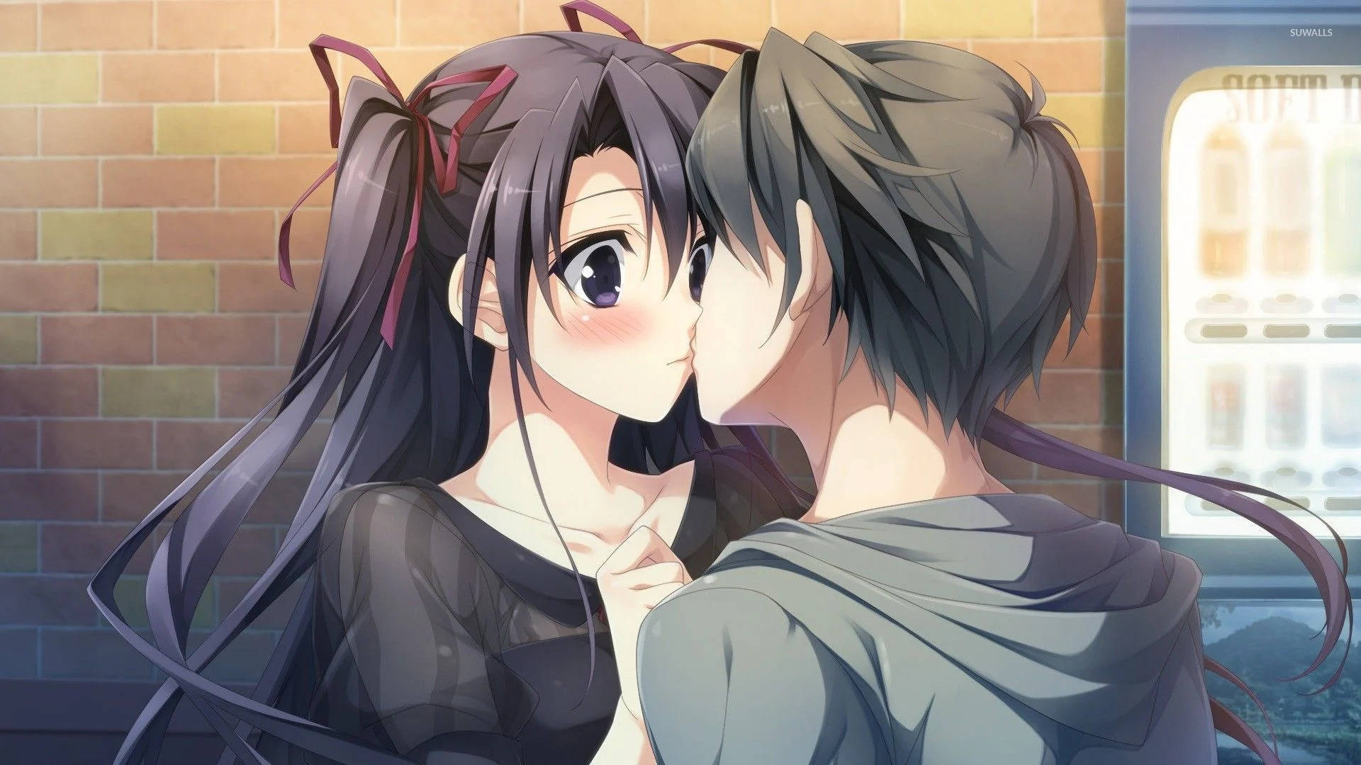 Wapenzi Wazuri wa Anime Wakibusiana Kwenye Ukuta wa Matofali Picha ya Ukuta