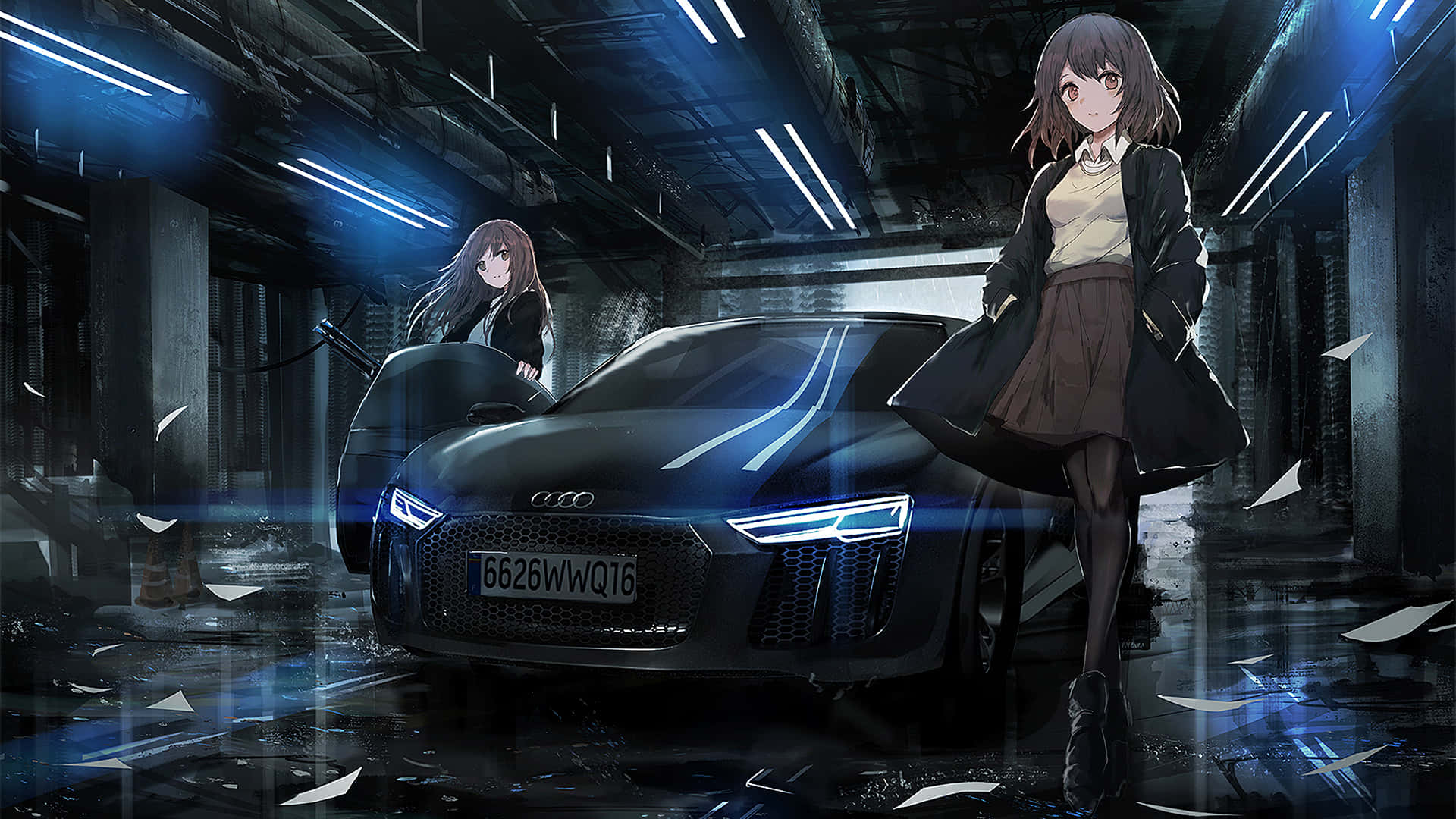 wasanii wa anime wawili wamesimama karibu na gari Picha ya Ukuta