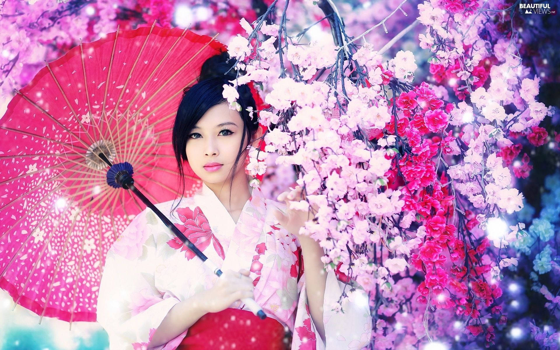 Wasichana wa Japani Pink Floral Aesthetic Picha ya Ukuta