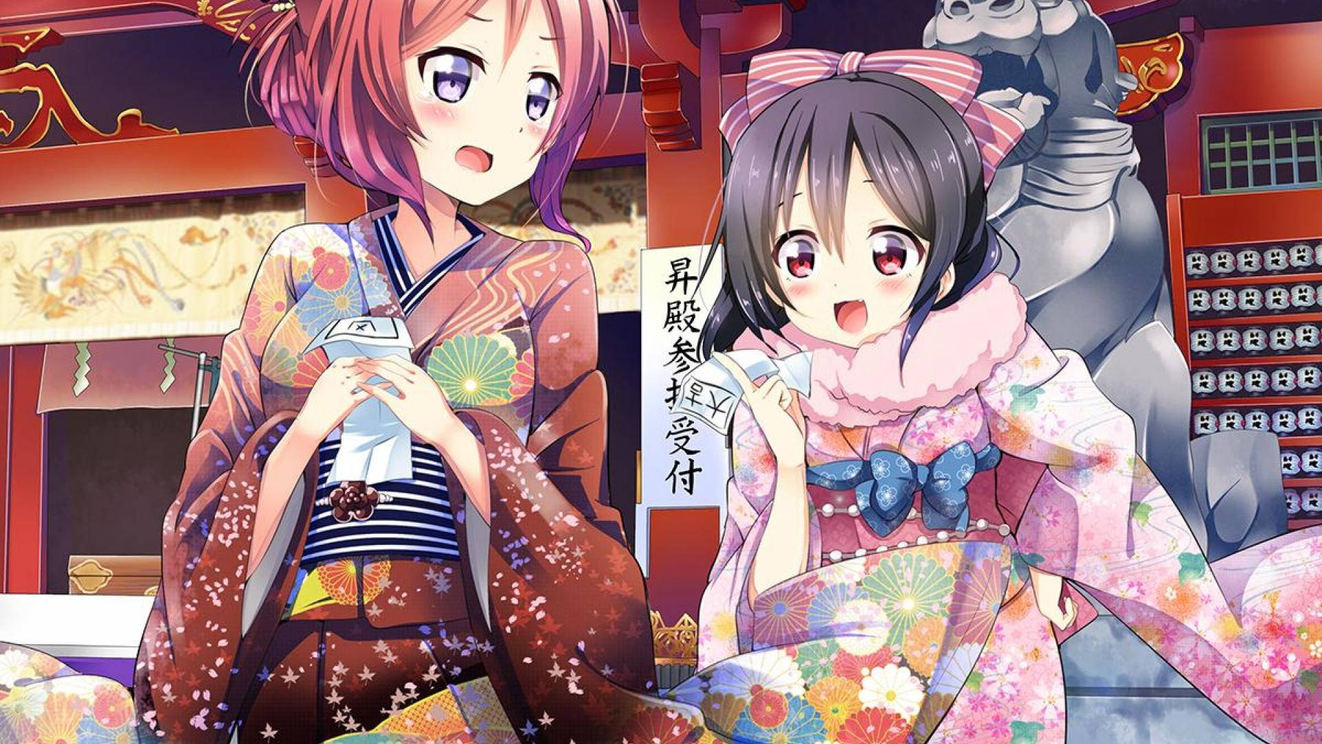 Wasichana Wanaoishi Katika Anime Wakiwa Wamevalia Yukata Picha ya Ukuta