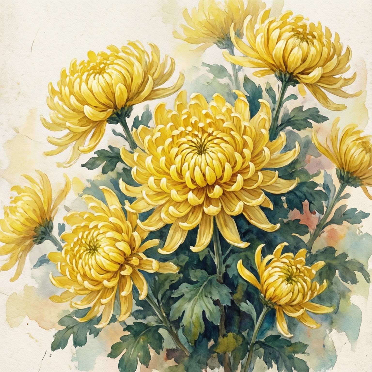 Watercolor Yellow Chrysanthemums Picha ya Ukuta