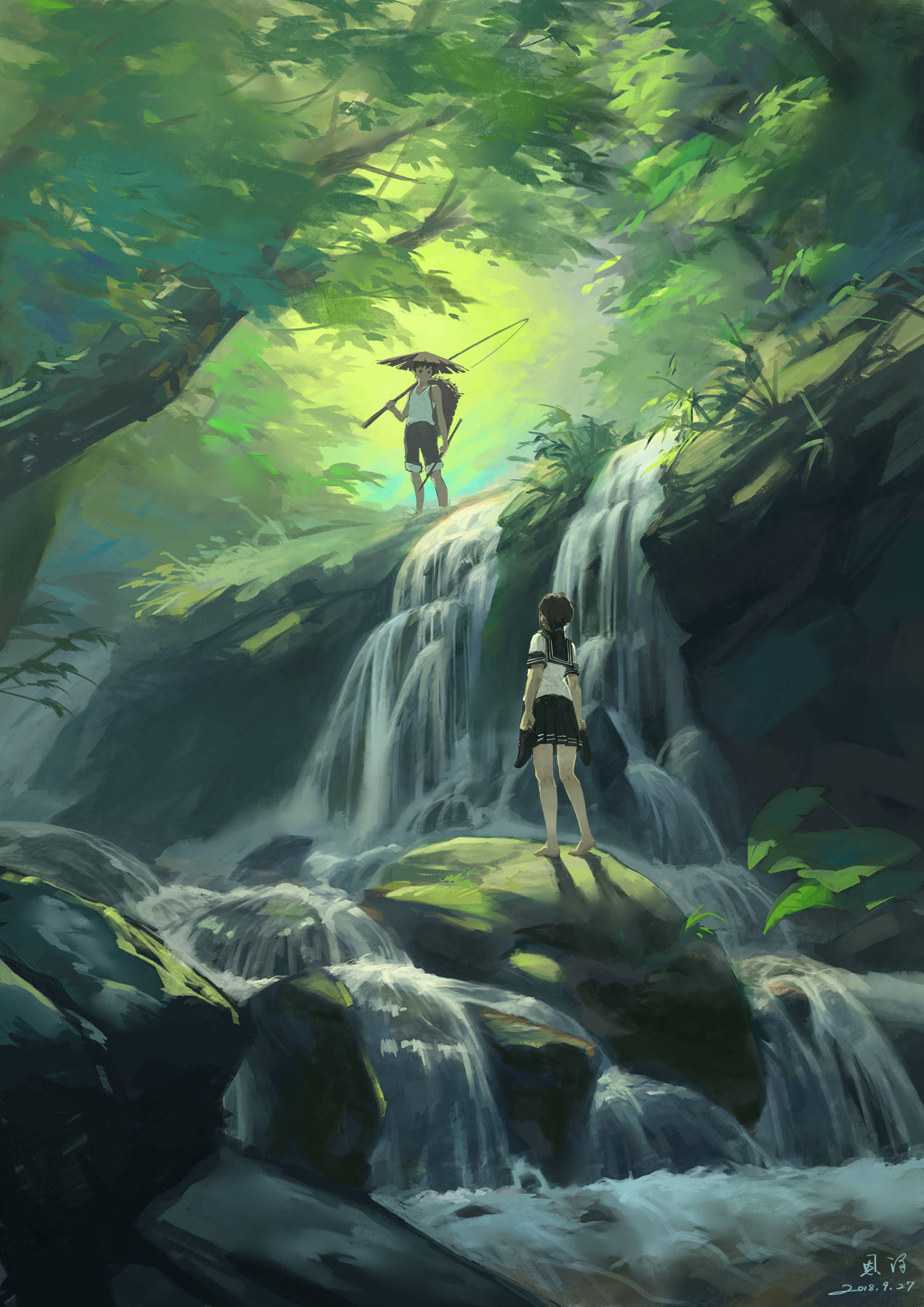 Waterfalls Jungle Boy And Girl Art Picha ya Ukuta