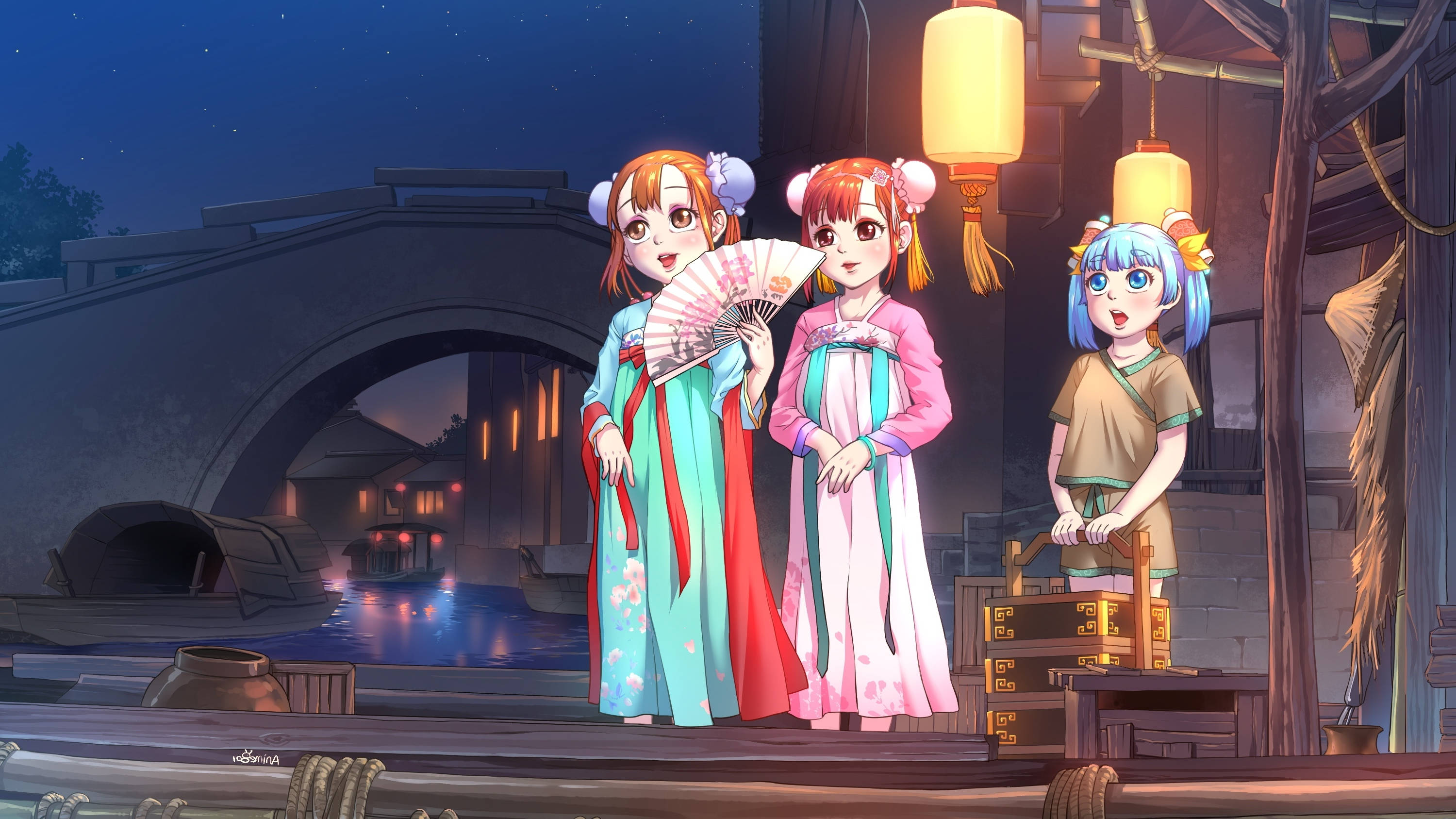 Watoto wa Anime Wakiwa Wamevalia Kimono Picha ya Ukuta