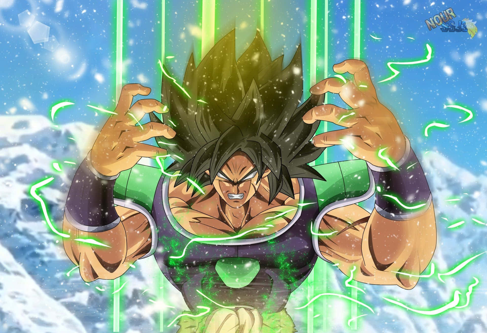 Watu watatu, Goku, Vegeta na Broly, wanatembea mbele katika Dragon Ball Super: Broly Picha ya Ukuta