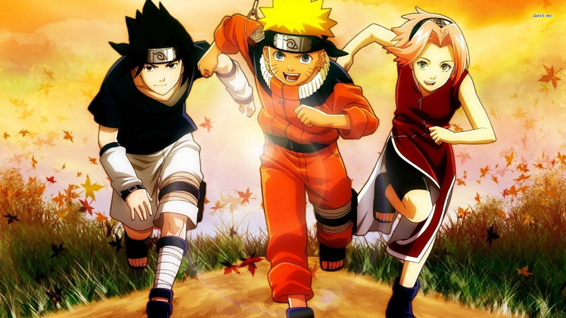 Watu watatu wa ninja wenye umri mdogo - Naruto, Sakura na Sasuke wanasimama pamoja. Picha ya Ukuta