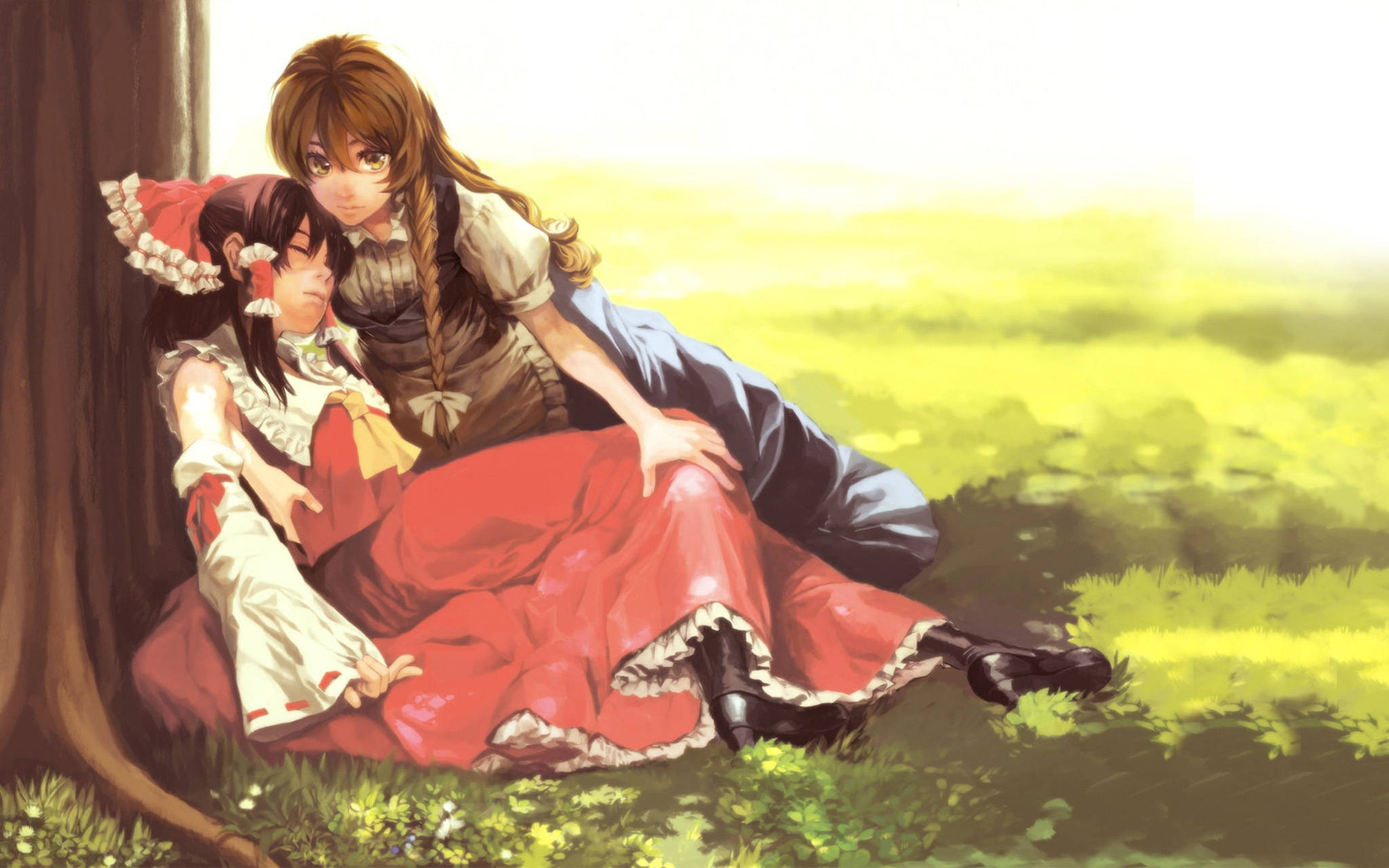 Watu Wawili wa Anime, Reimu na Marisa katika Mwendo wa Kihisia Picha ya Ukuta