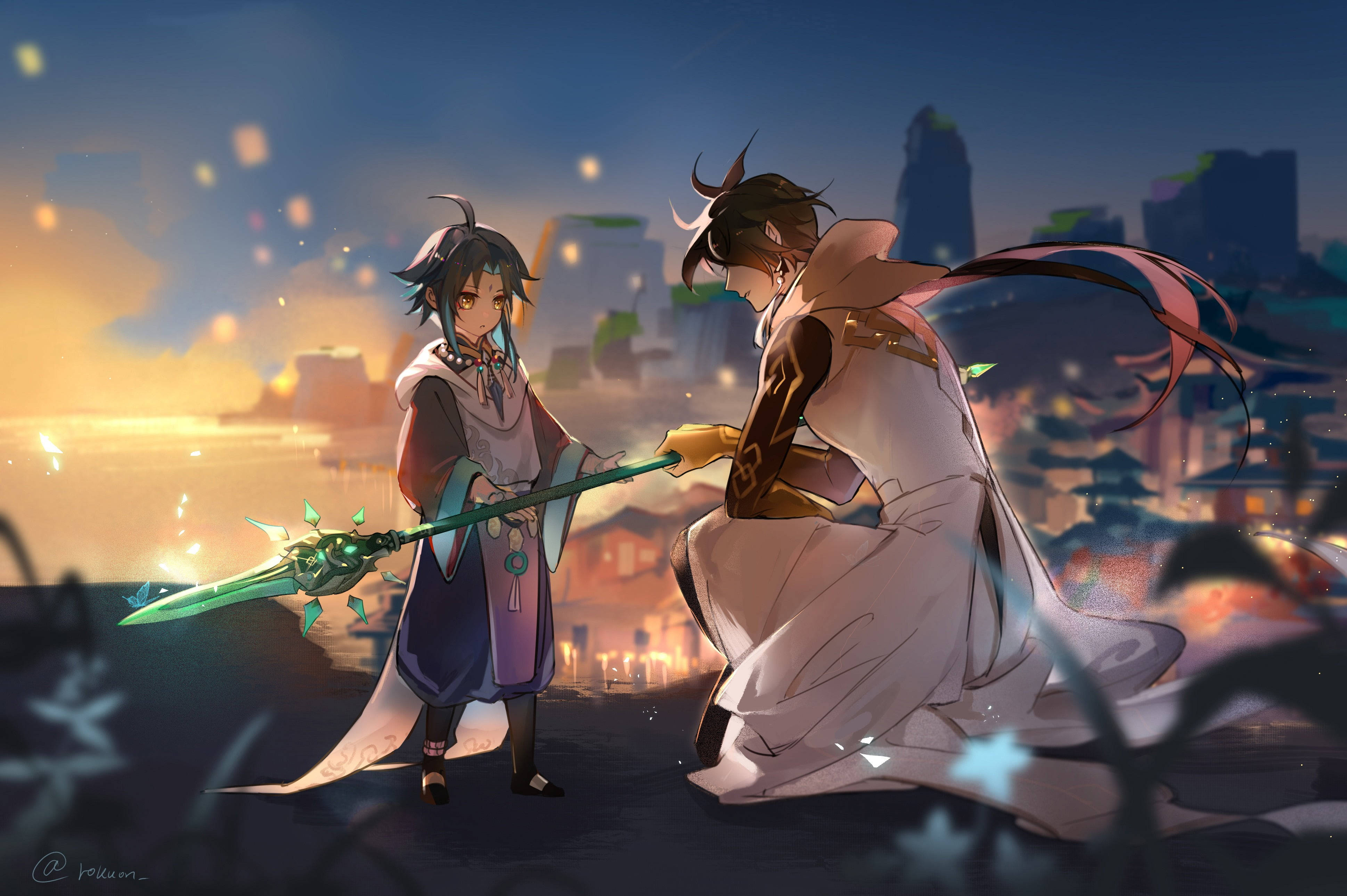 Wavulana wa Anime Wazuri Zhongli na Xiao Picha ya Ukuta