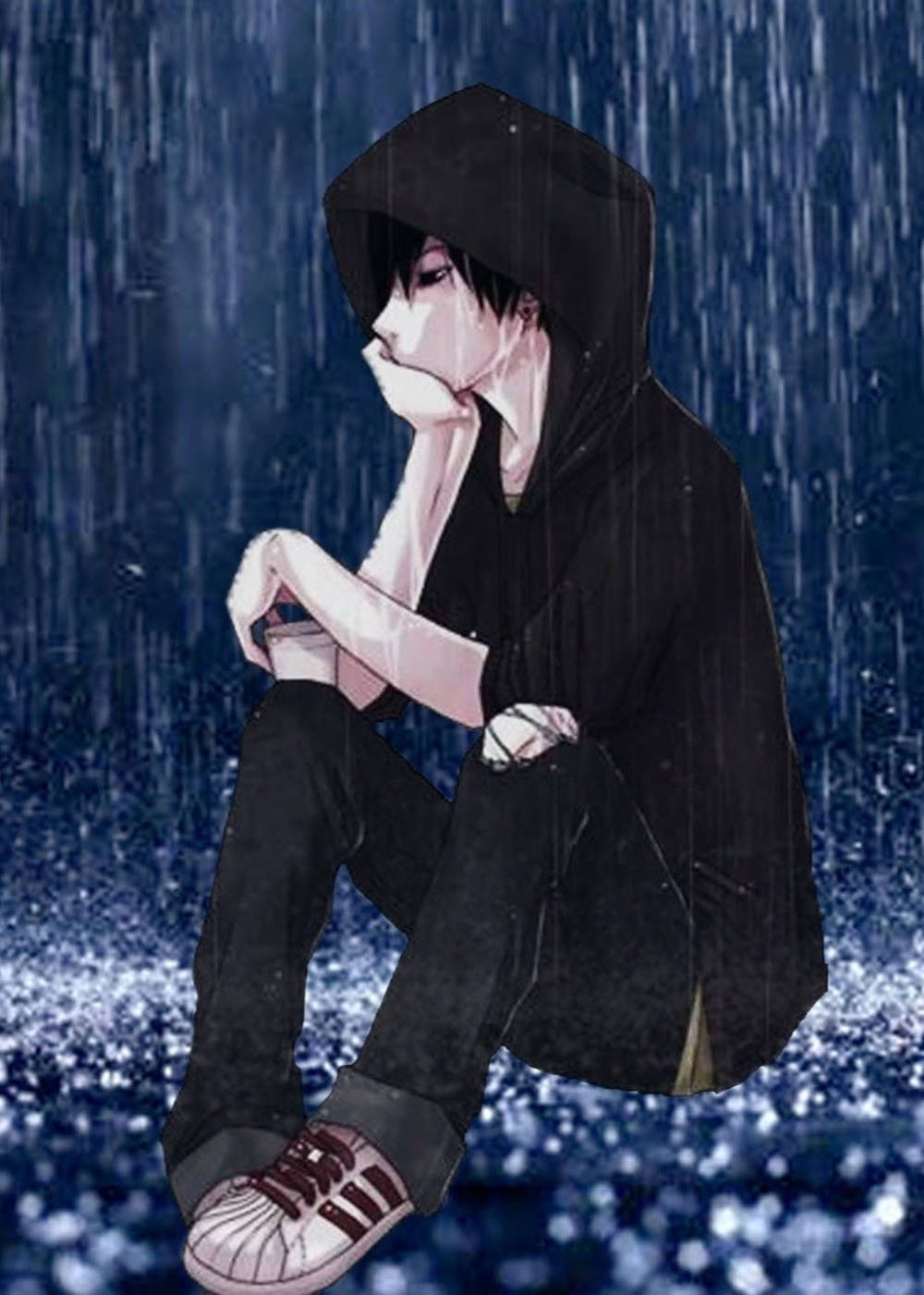 Wavulana wa Anime Wenye Huzuni Wakiwa peke yao Katika Hoodie Nyeusi Picha ya Ukuta