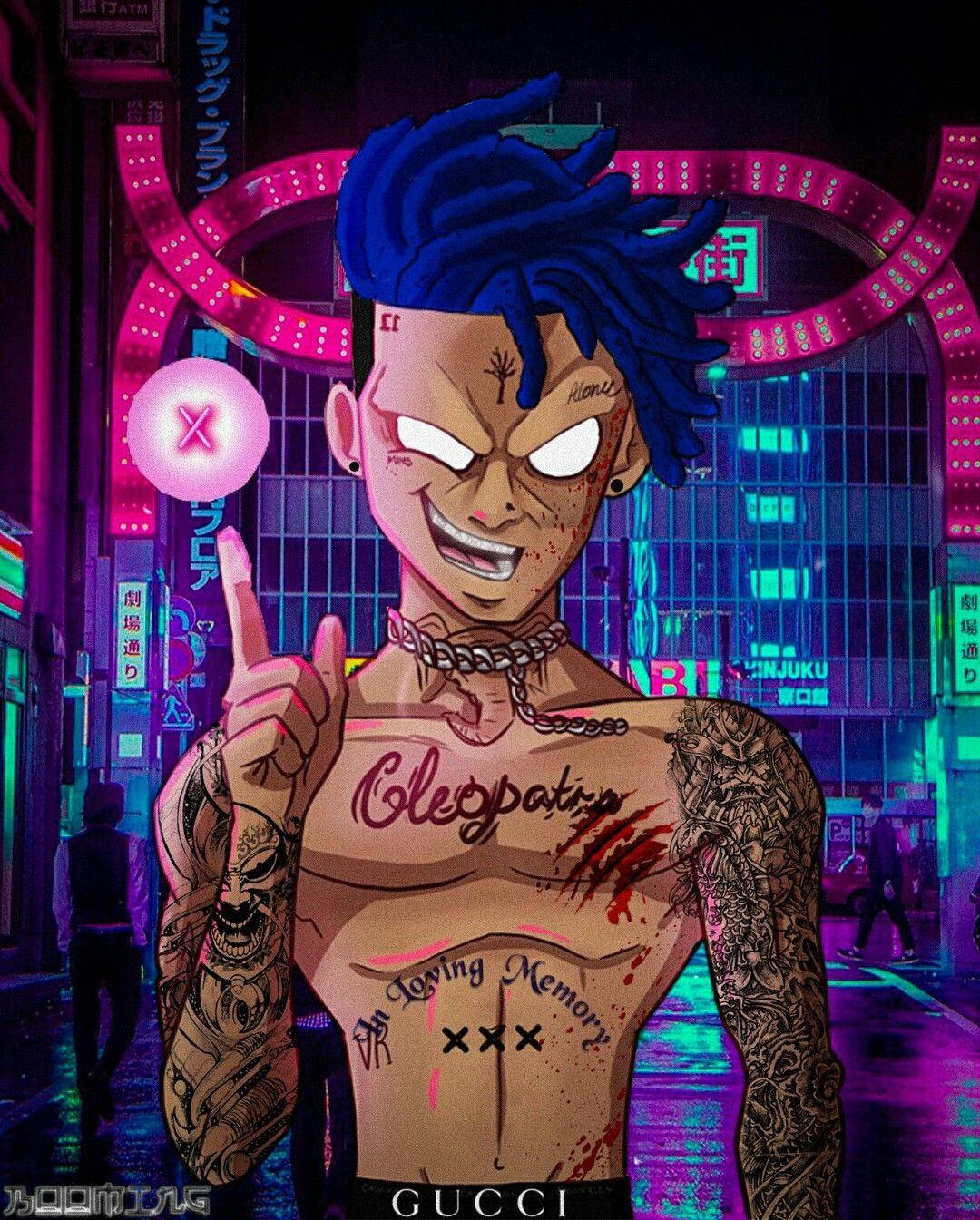Xxxtentacion Mwanamuziki wa Anime Mwenye Nywele za Bluu Picha ya Ukuta