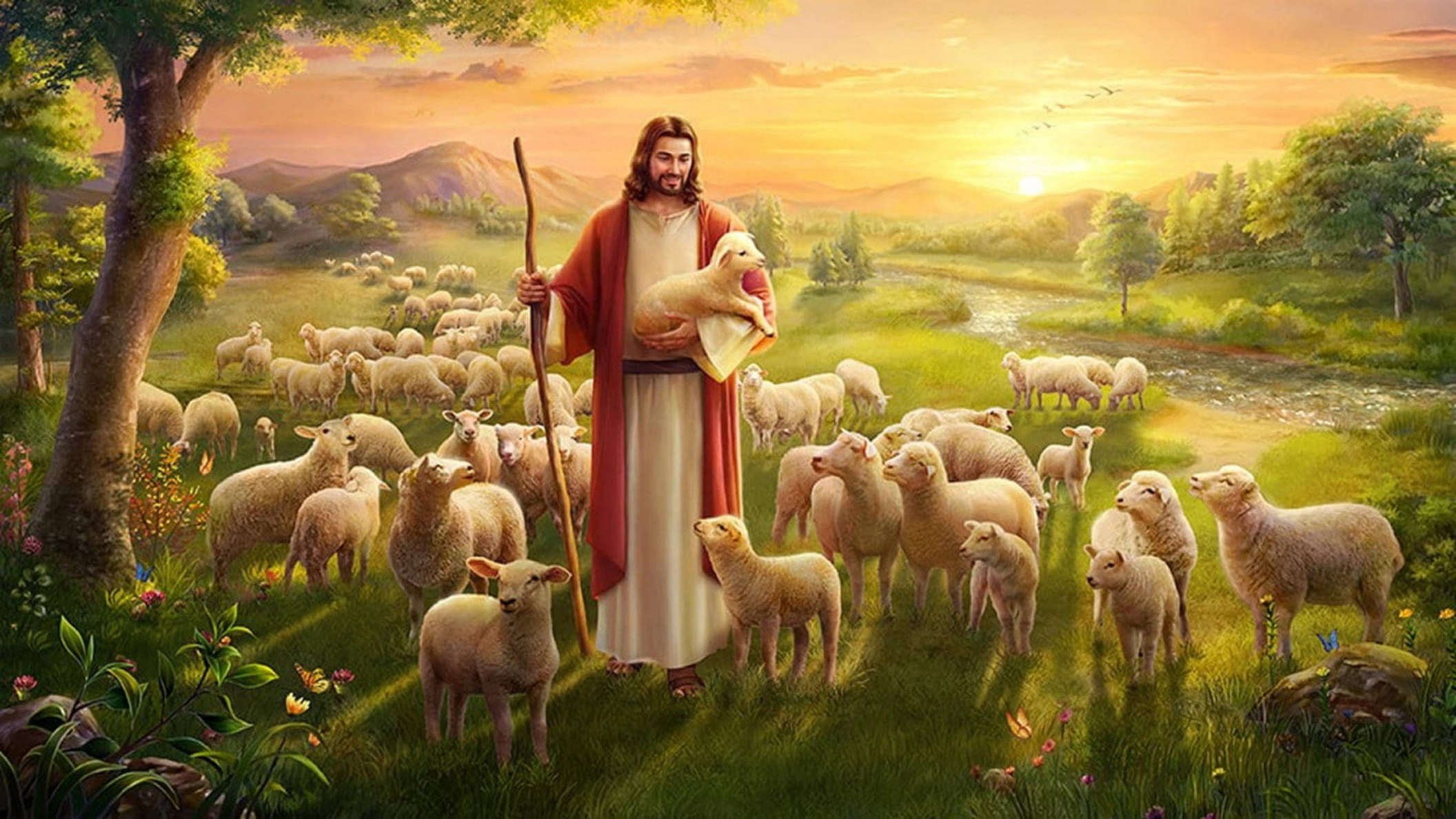 Yesu Amezungukwa na Kondoo Desktop Picha ya Ukuta