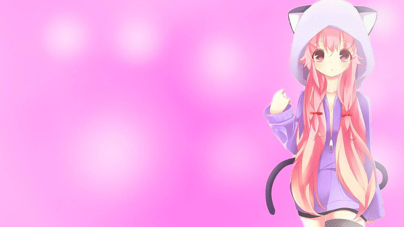 Yuno Gasai Akiwa na Hoodie kwenye Mandharinyuma ya Pink ya Kawaii Picha ya Ukuta