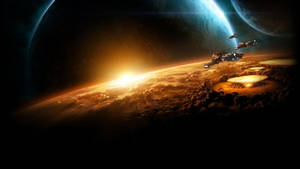 Planet landing visuals in strategy game Starcraft space wallpaper.