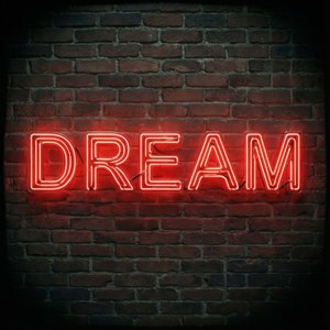 Alama ya neon nyekundu ya DREAM yenye kuhamasisha kwenye ukuta wa matofali.